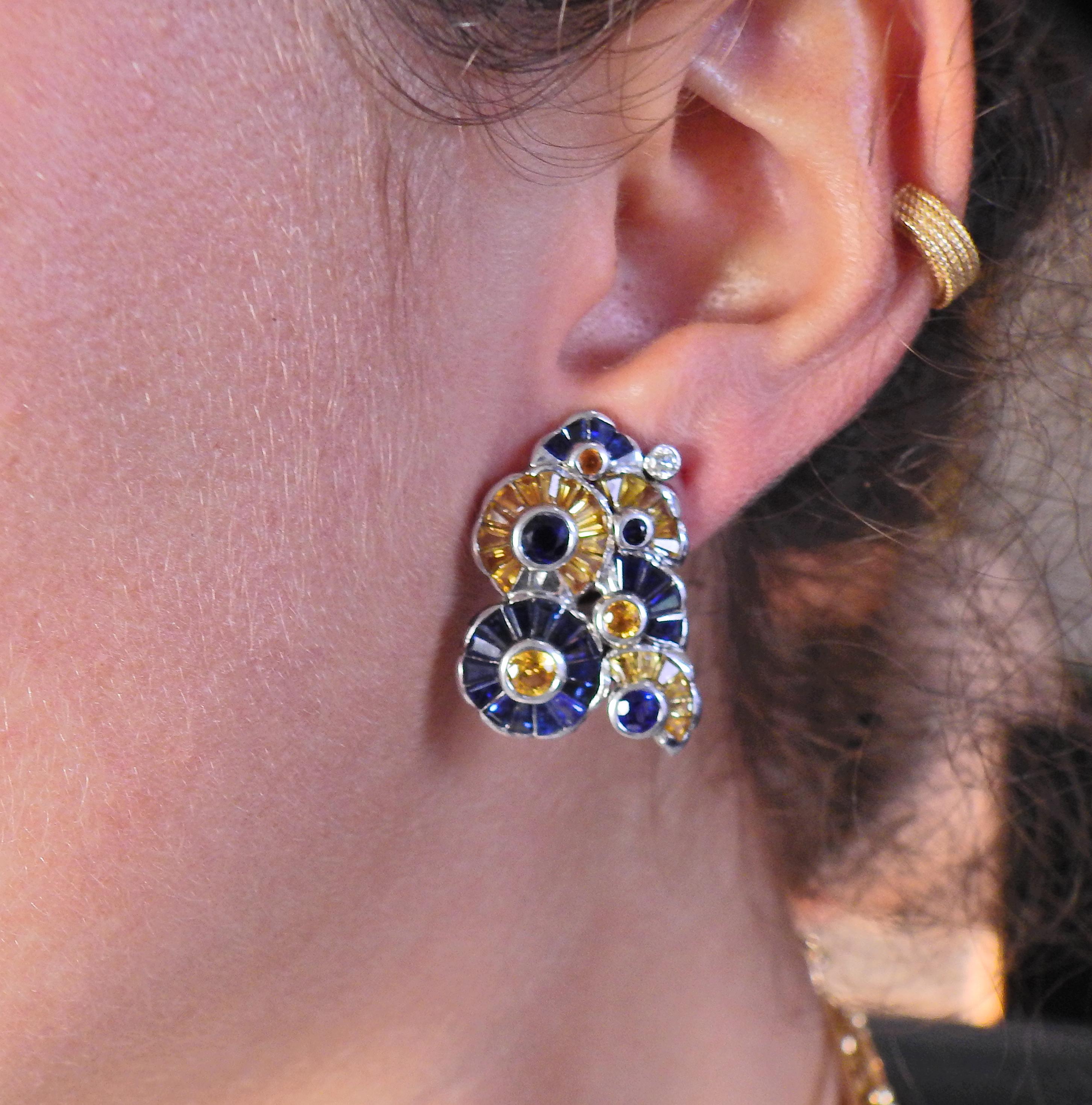 Midcentury Yellow Blue Sapphire Diamond Gold Earrings In Good Condition In New York, NY