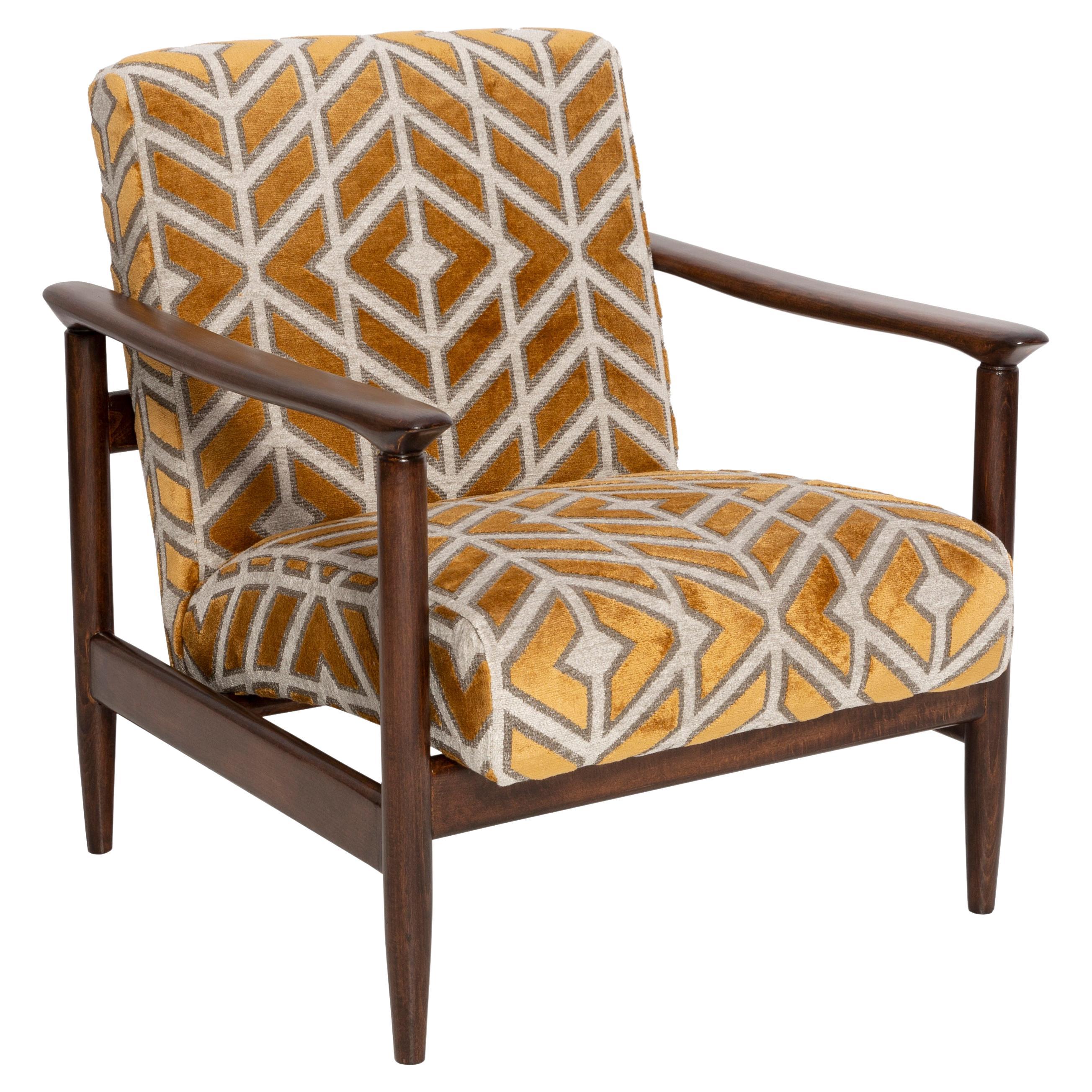 Mid Century Yellow Chenille Velvet Armchair, Edmund Homa, GFM-142, 1960s, Poland