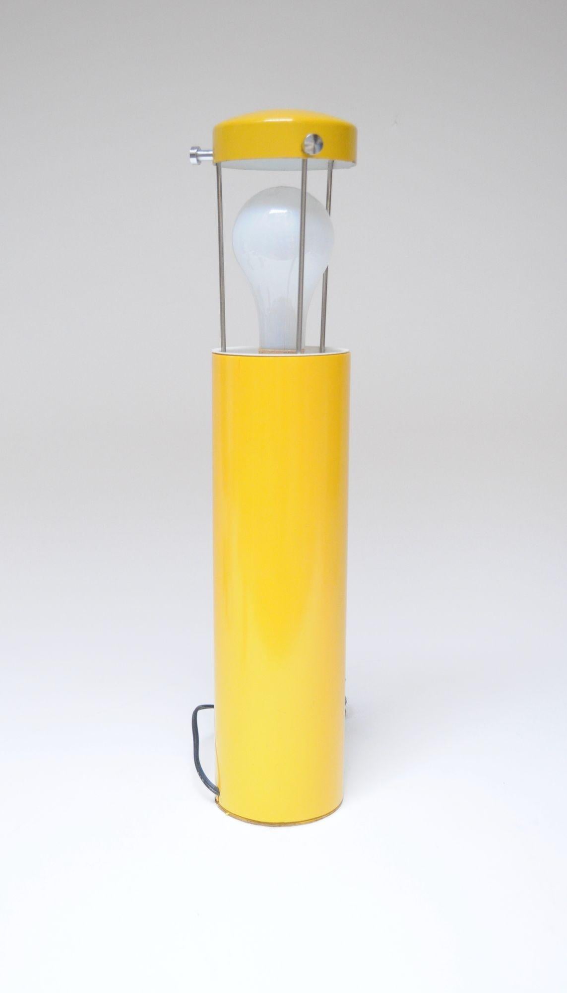 American Mid-Century Yellow Cylindrical Lantern Table Lamp with Three-Way Walnut Switch For Sale