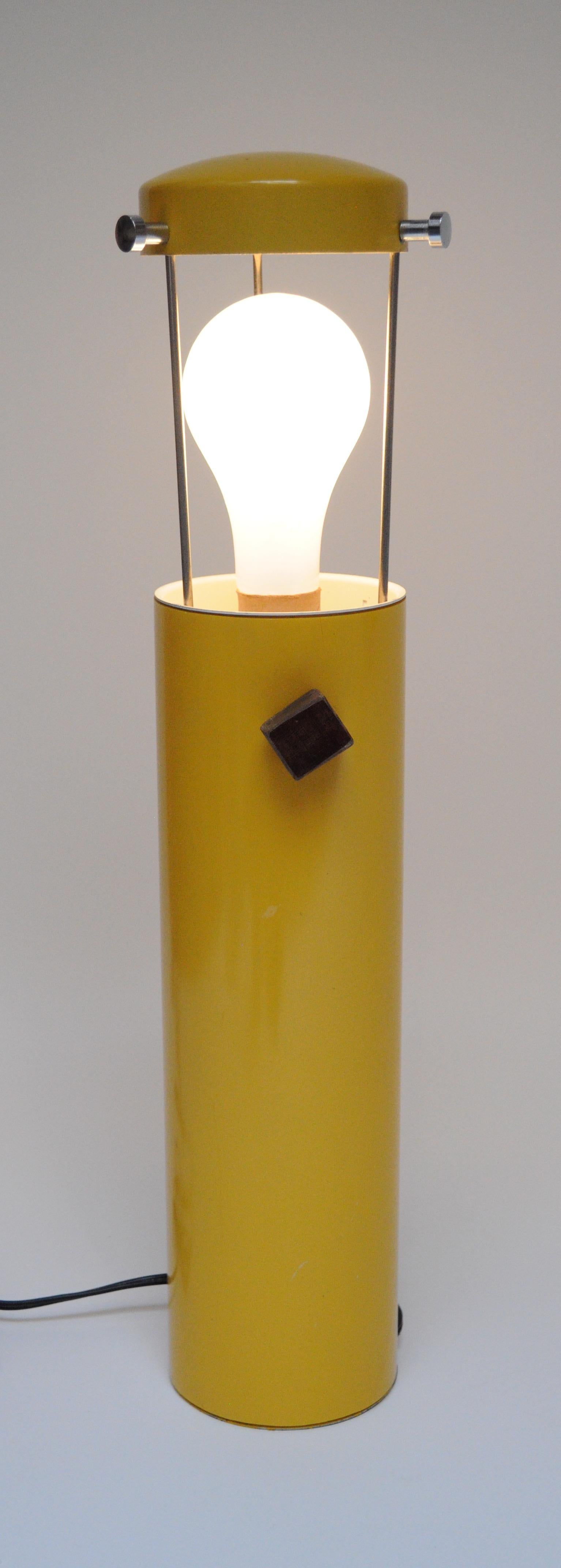 Enameled Mid-Century Yellow Cylindrical Lantern Table Lamp with Three-Way Walnut Switch For Sale