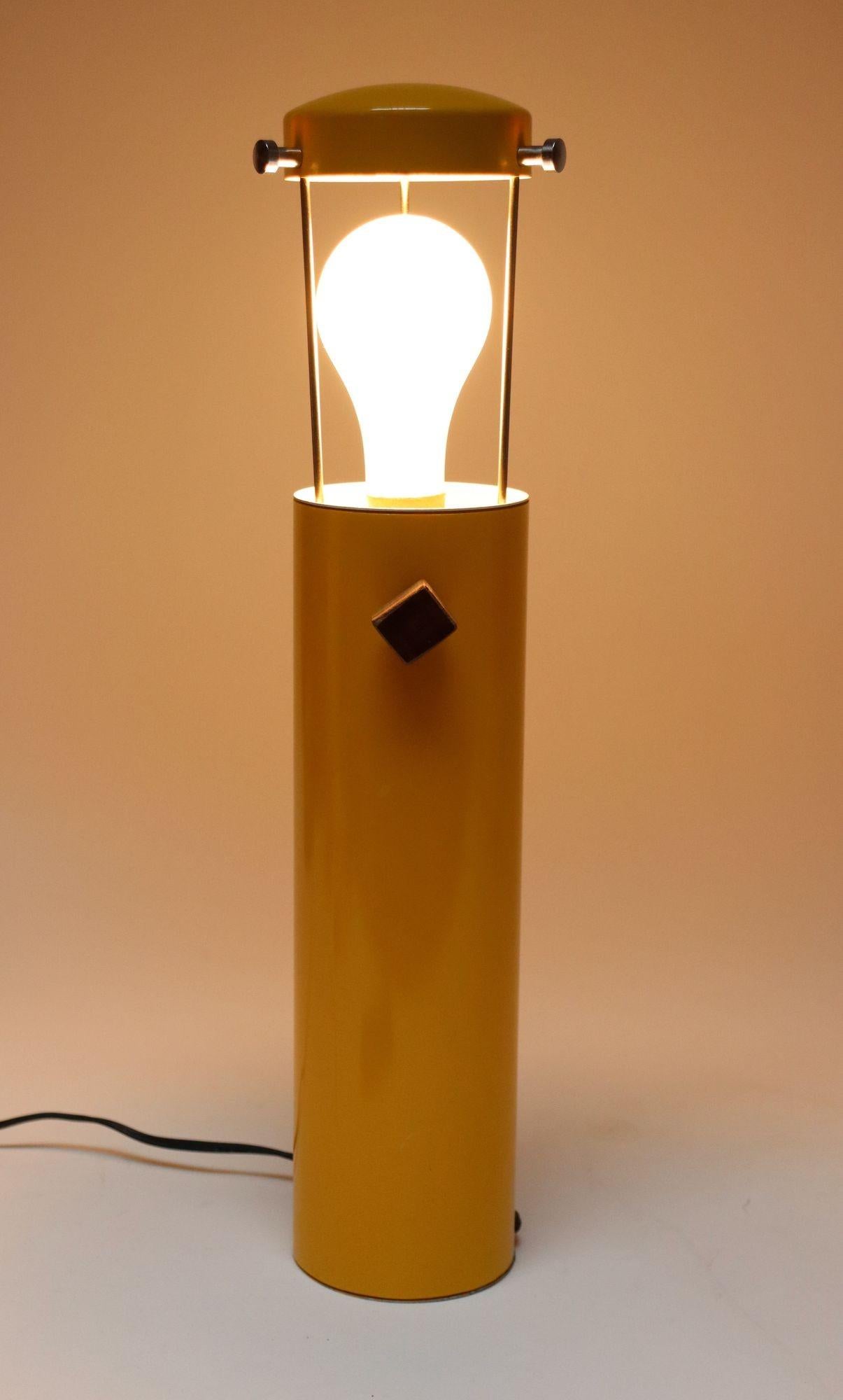 Mid-Century Yellow Cylindrical Lantern Table Lamp with Three-Way Walnut Switch In Good Condition For Sale In Brooklyn, NY
