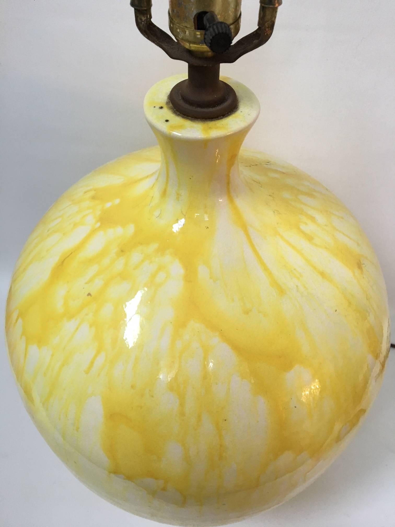 Hollywood Regency Midcentury Yellow Drip Glaze Bulbous Table Lamp