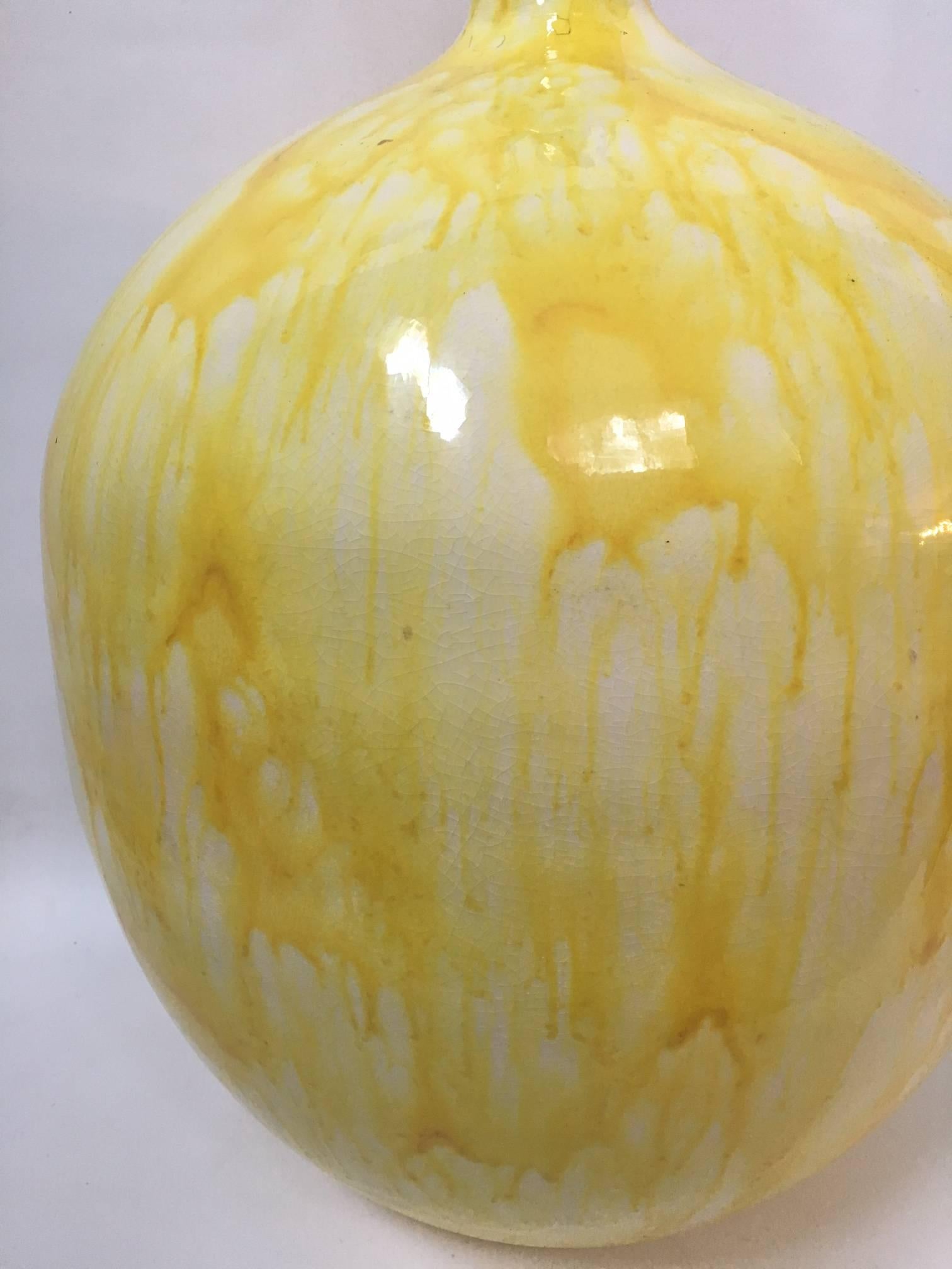 Late 20th Century Midcentury Yellow Drip Glaze Bulbous Table Lamp