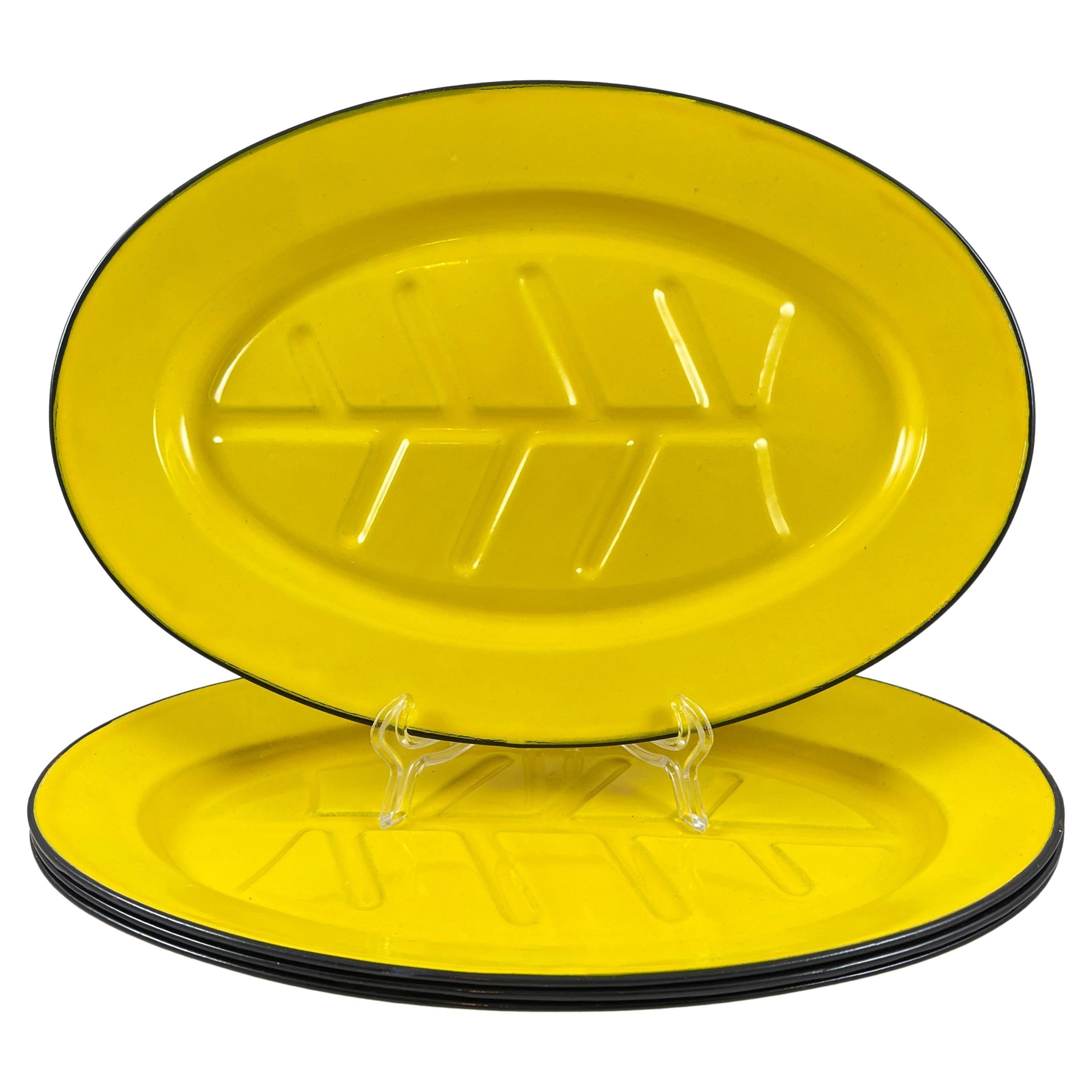 Mid-Century Yellow Enameled Steel Steak Plates, Set of 4