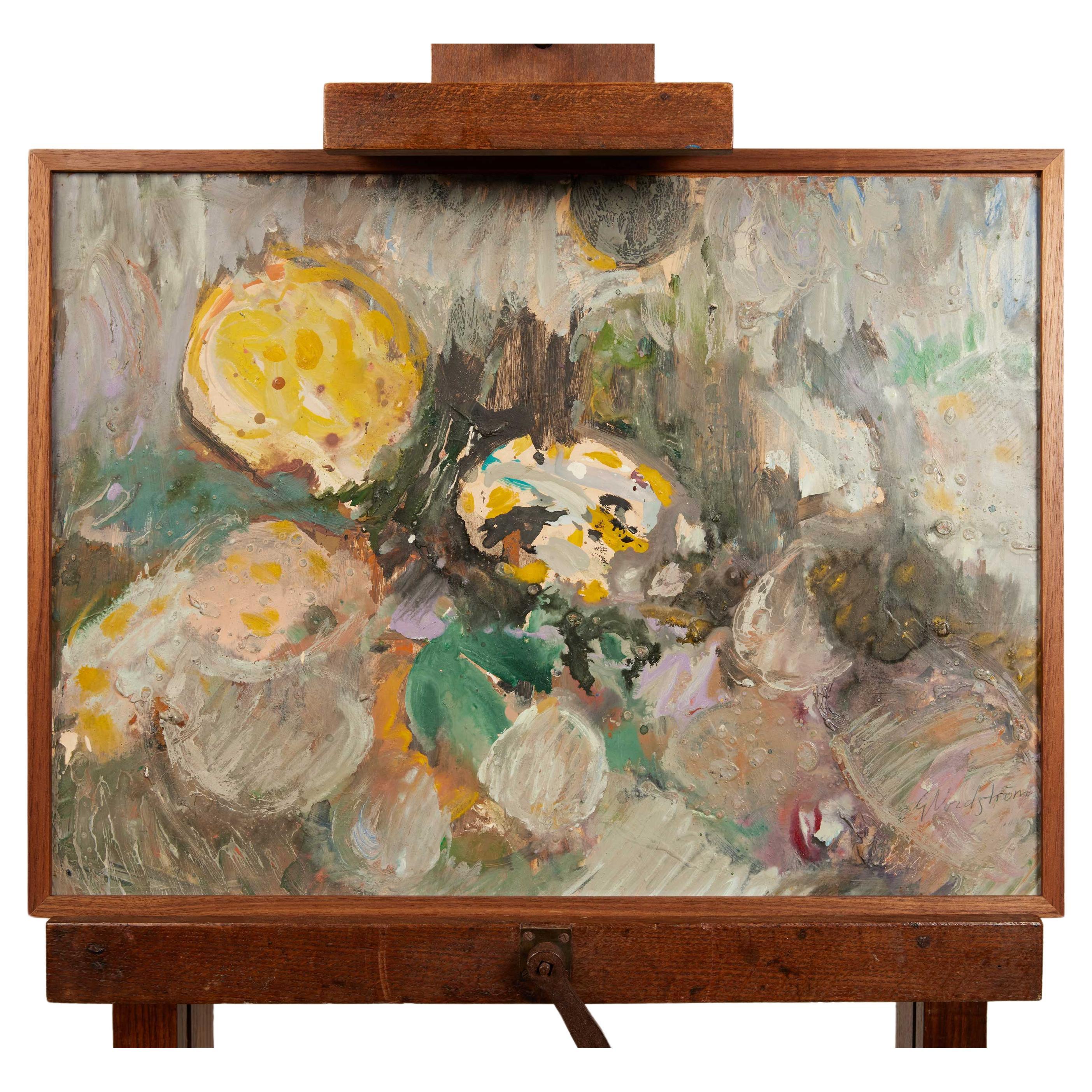 Peinture abstraite de fleur jaune du milieu du siècle dernier  