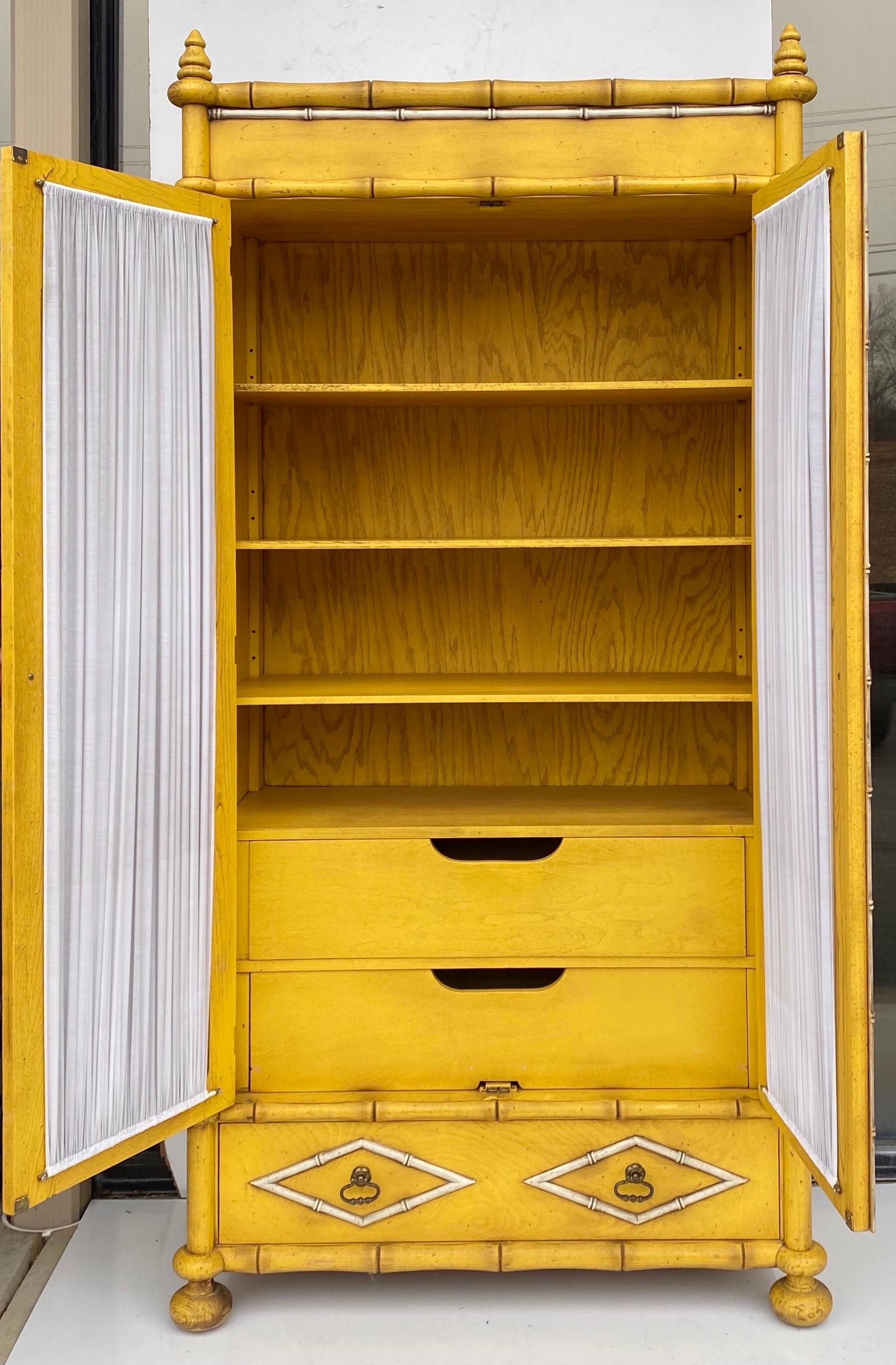 French Provincial Midcentury Yellow French Style Faux Bamboo Armoire or Cabinet