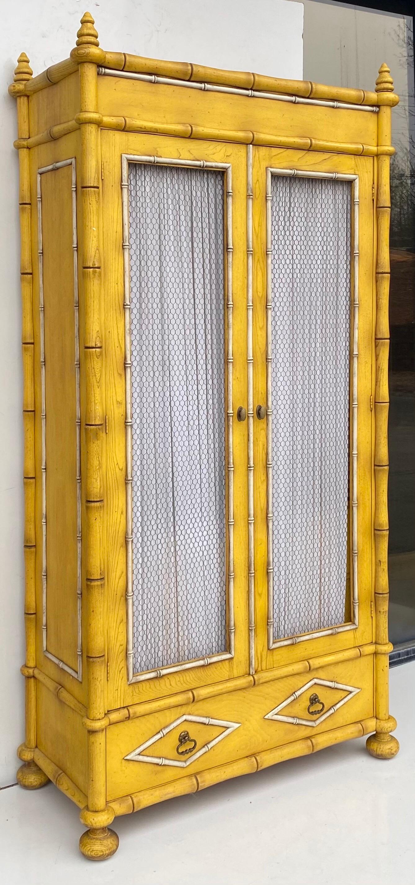 Midcentury Yellow French Style Faux Bamboo Armoire or Cabinet In Good Condition In Kennesaw, GA