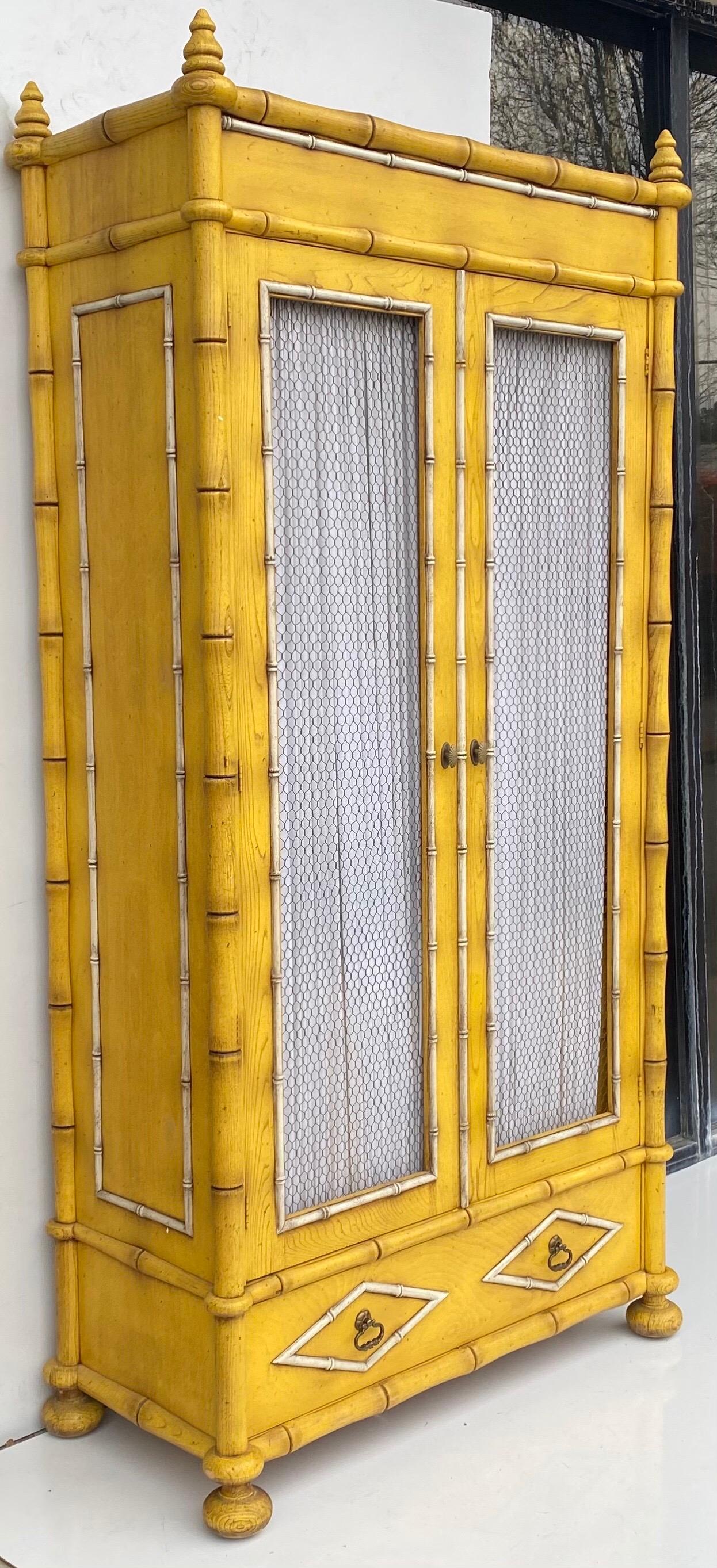 20th Century Midcentury Yellow French Style Faux Bamboo Armoire or Cabinet