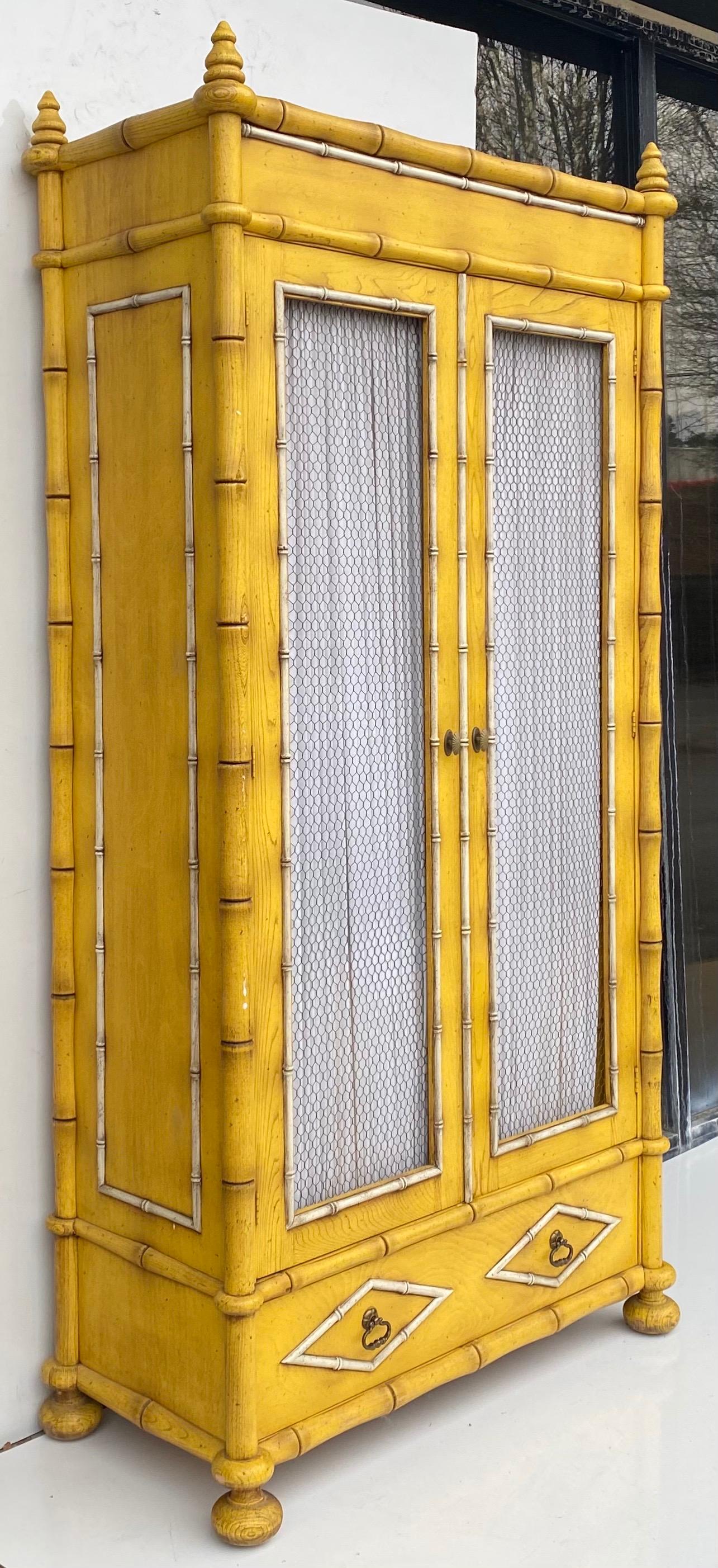 Metal Midcentury Yellow French Style Faux Bamboo Armoire or Cabinet