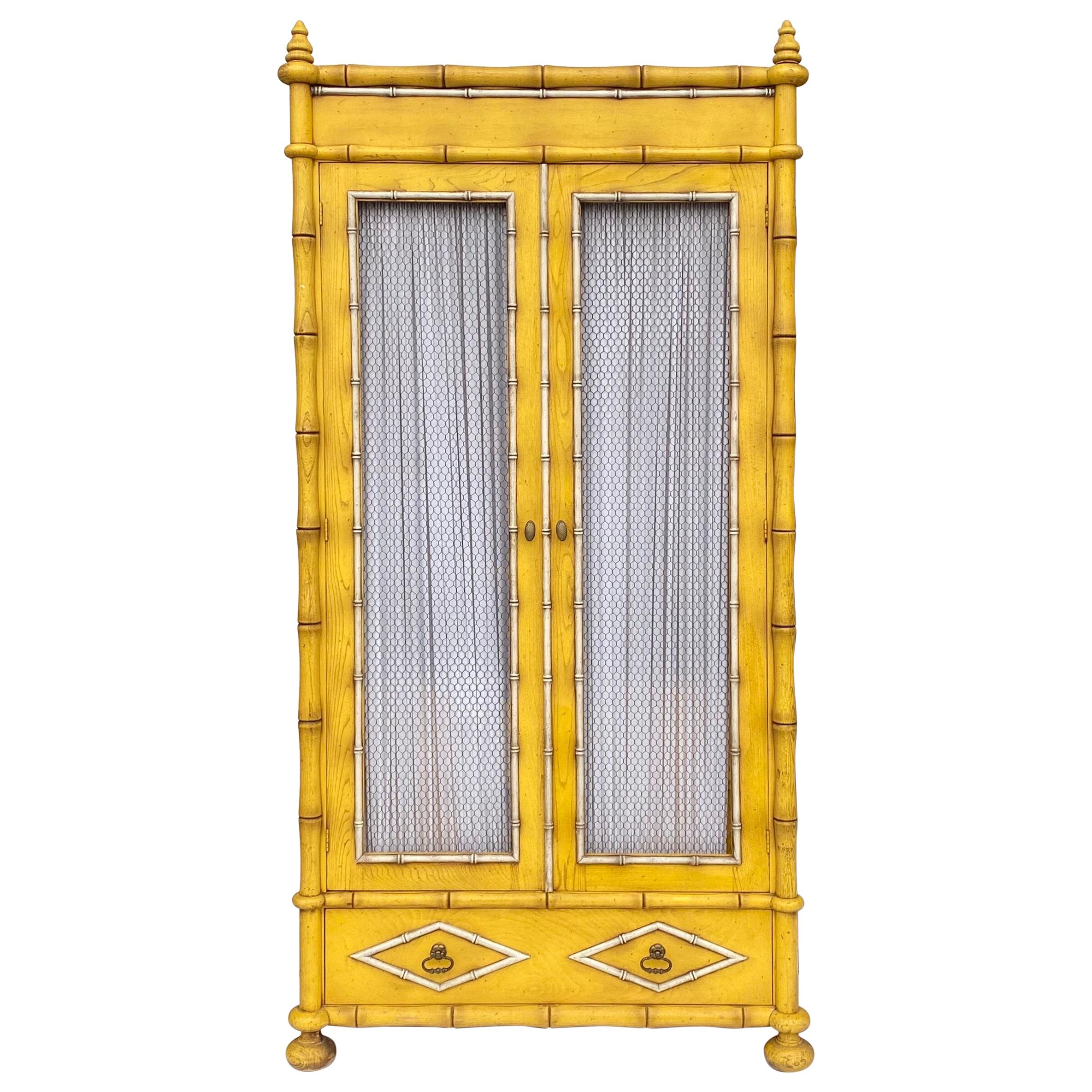 Midcentury Yellow French Style Faux Bamboo Armoire or Cabinet