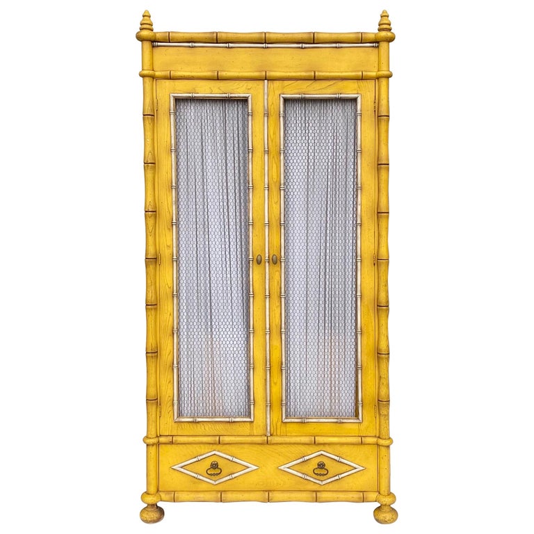 Midcentury Yellow French Style Faux Bamboo Armoire or at