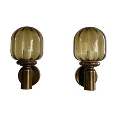 Mid-Century Yellow Glass and Brass Pair of Sconces by N Leuchten, 1960s, Germany