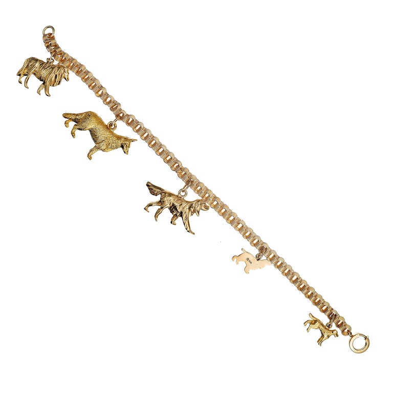 MidCentury Yellow Gold Dog Charm Bracelet For Sale at 1stDibs