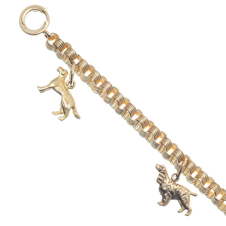 MidCentury Yellow Gold Dog Charm Bracelet For Sale at 1stDibs