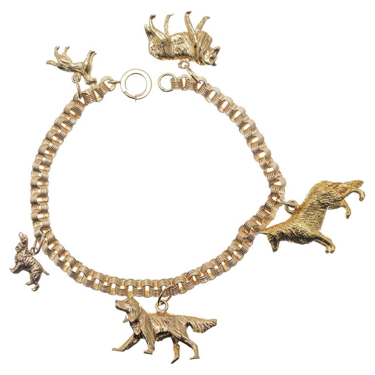 MidCentury Yellow Gold Dog Charm Bracelet For Sale at 1stDibs