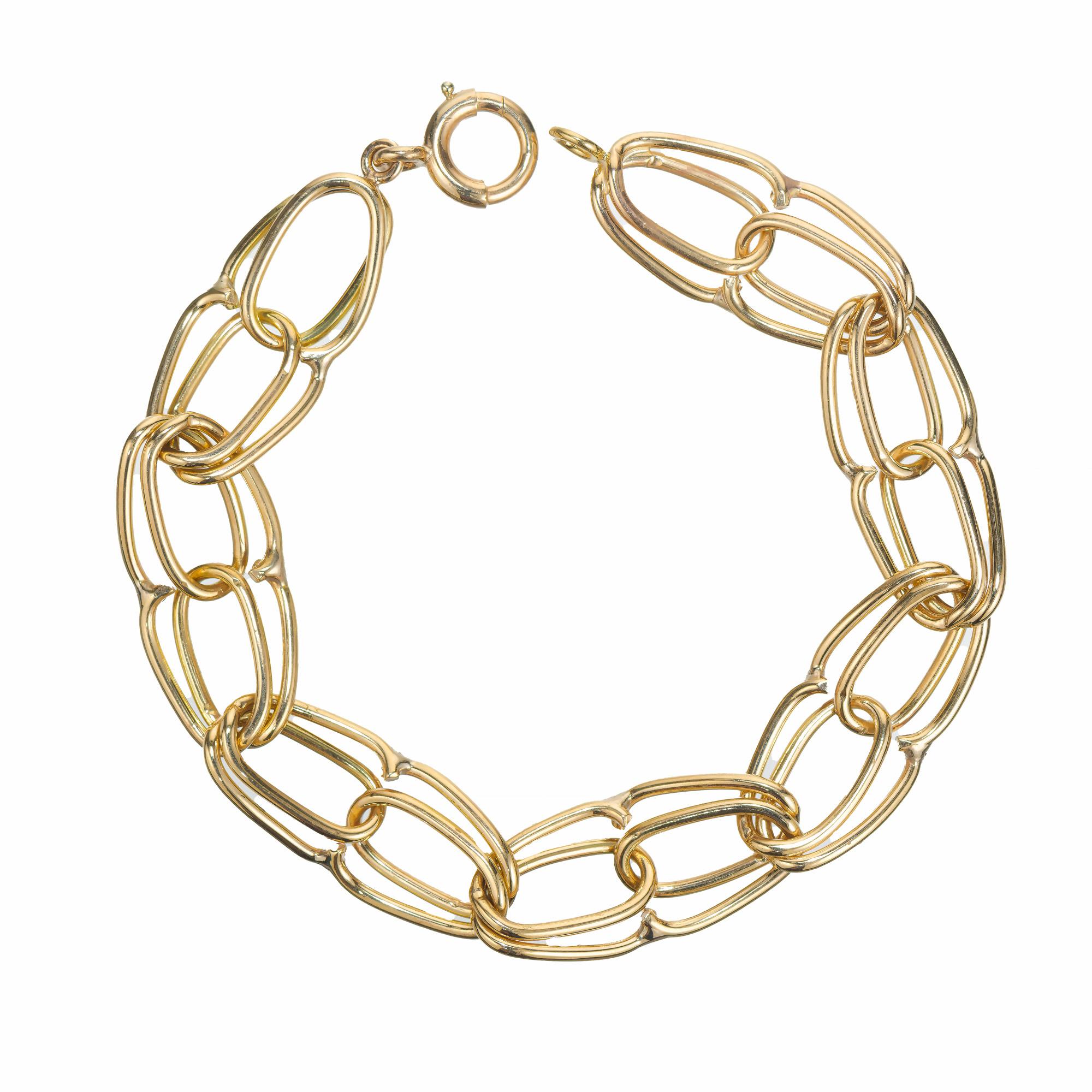 1960's Double link, 14k yellow gold handmade wire link 7 Inch Bracelet. 

14k yellow gold 
Tested: 14k
18.7 grams
Bracelet: 7 Inches
Width: 11.9mm
Thickness/depth 3.8mm
