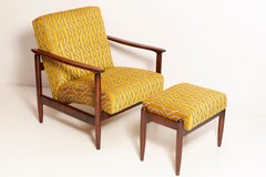 Mid Century Yellow Jacquard Velvet Armchair and Stool, E. Homa, GFM-142, 1960s