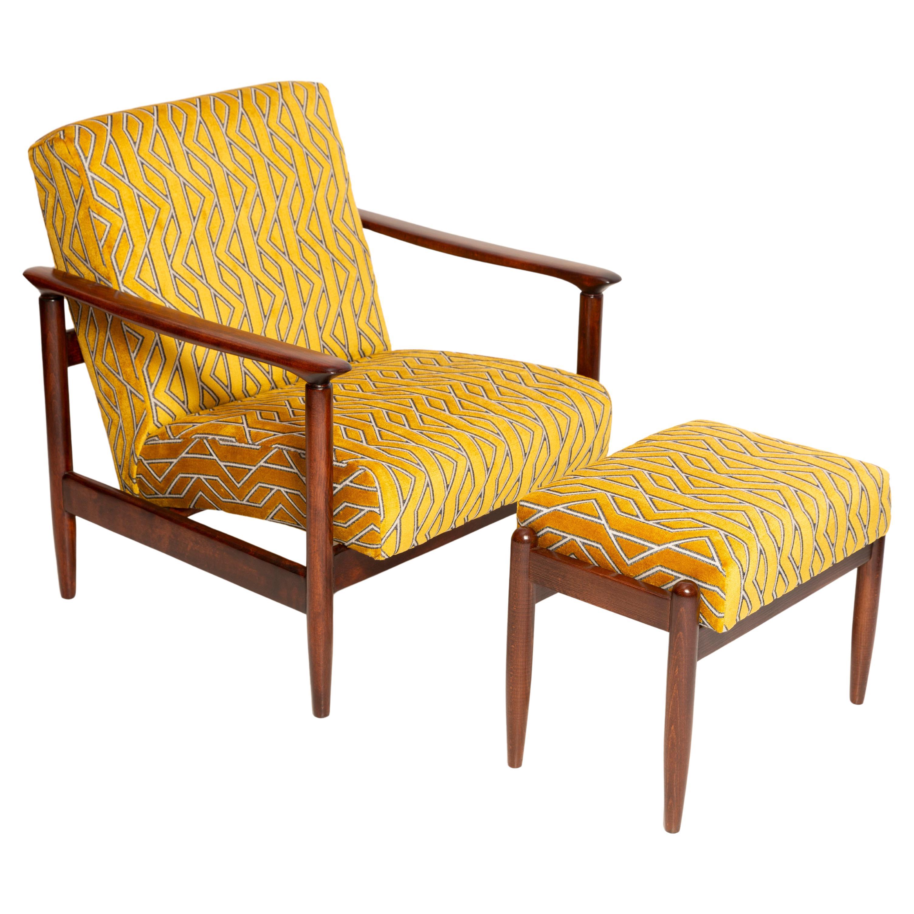 Mid Century Yellow Jacquard Velvet Armchair and Stool, E. Homa, GFM-142, 1960s For Sale