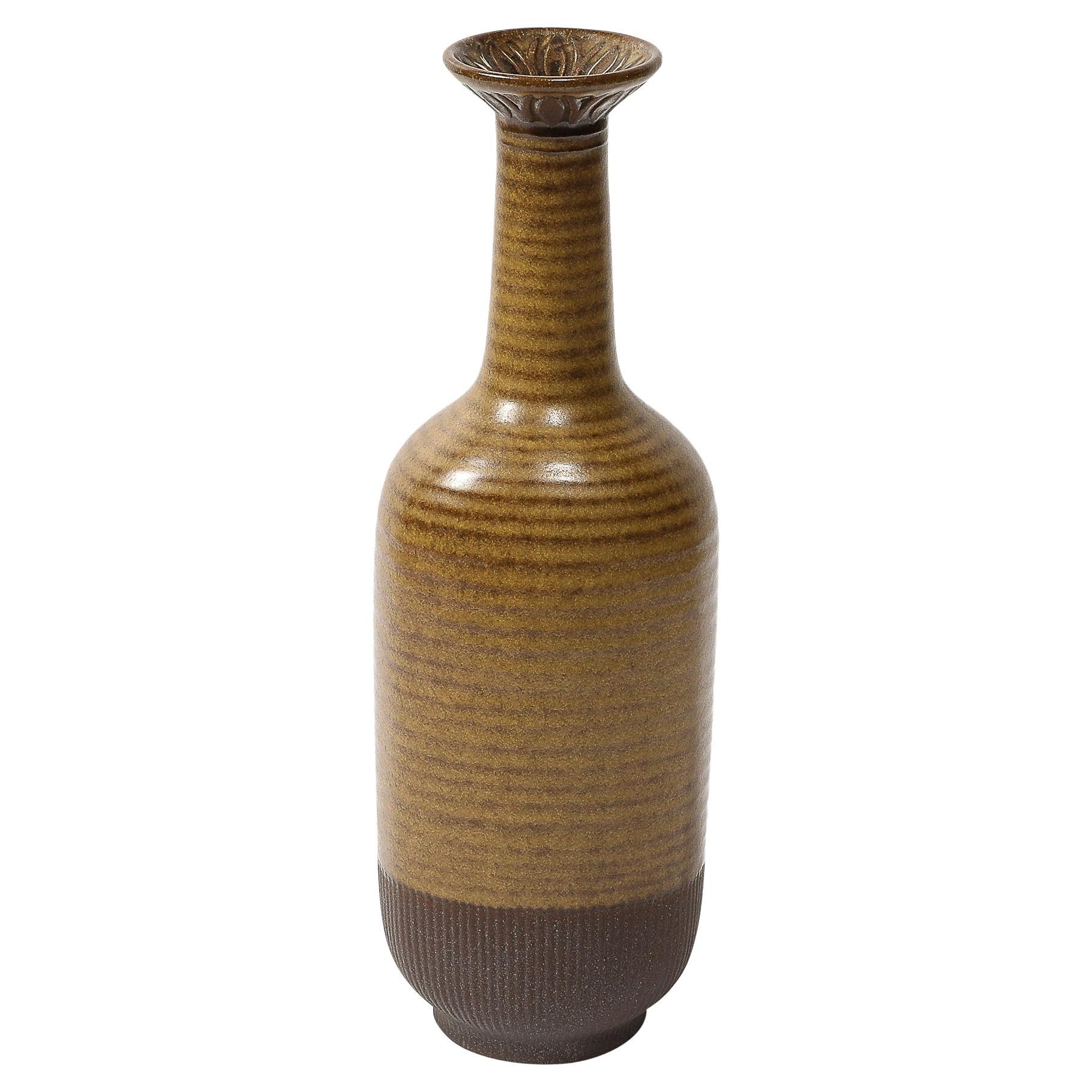 Mid-Century Yellow Ocre & Umber Striped Vase by Gunnar Nylund for Rörstrand