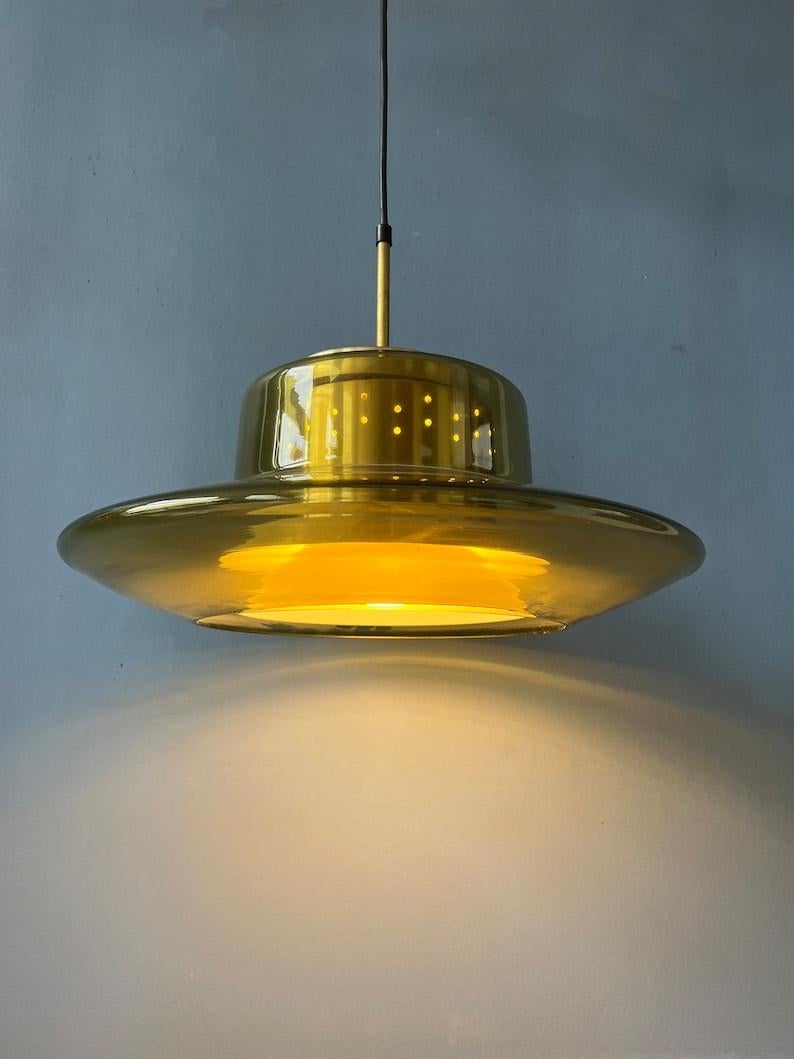 Mid Century Yellow Smoked Glass Space Age Pendant Lamp by Dijkstra, 1970s In Excellent Condition For Sale In ROTTERDAM, ZH
