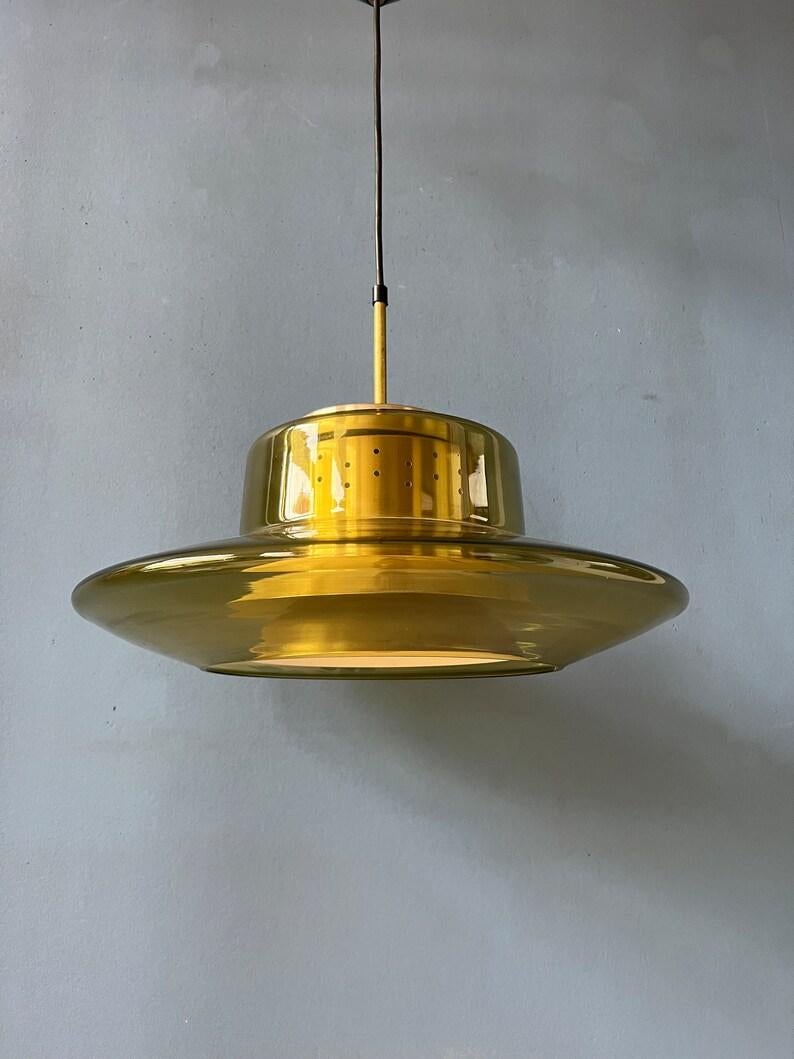 Mid Century Yellow Smoked Glass Space Age Pendant Lamp by Dijkstra, 1970s For Sale 3