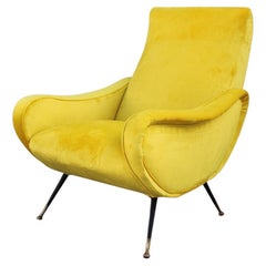 Mid-Century Yellow Velvet Italian Armchair Feet Brass Iron 1950s Zanuso Style