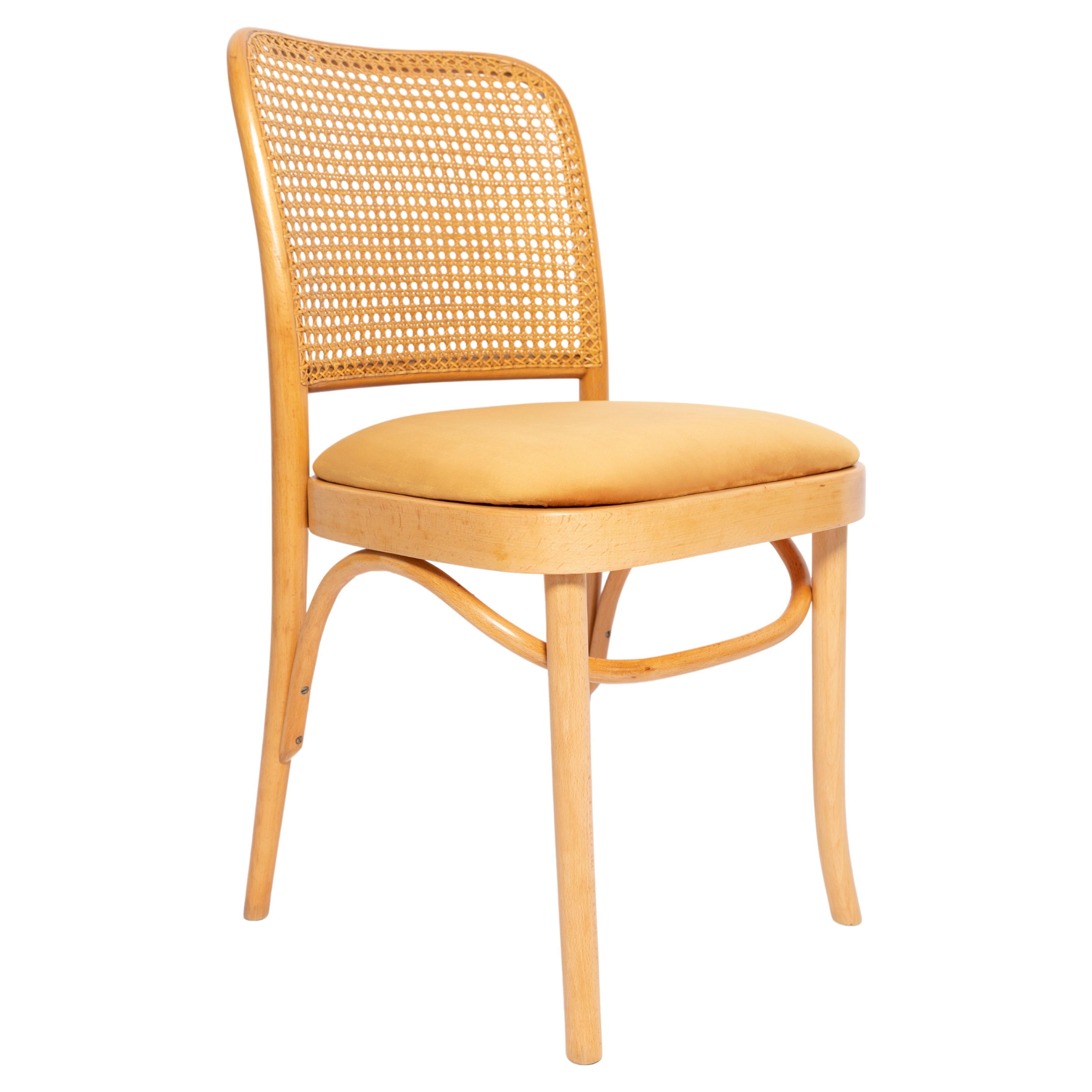 Mid-Century Yellow Velvet Thonet Wood Rattan Chair, Europe, 1960s For Sale