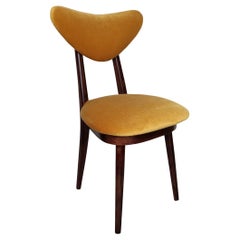 Mid Century Yellow Velvet, Walnut Wood, Heart Chair, Poland, 1960s