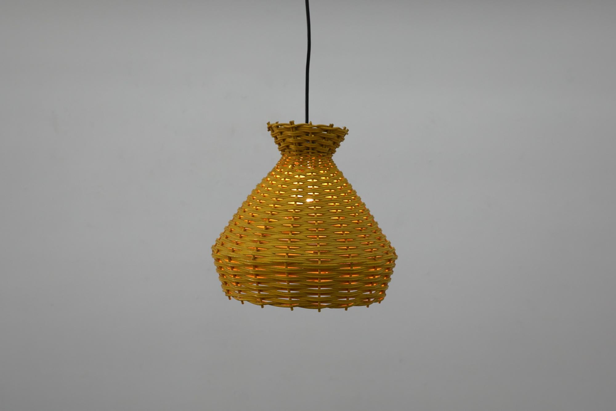 Mid-Century Modern Mid-Century Yellow Woven Rattan Pendant Lamp