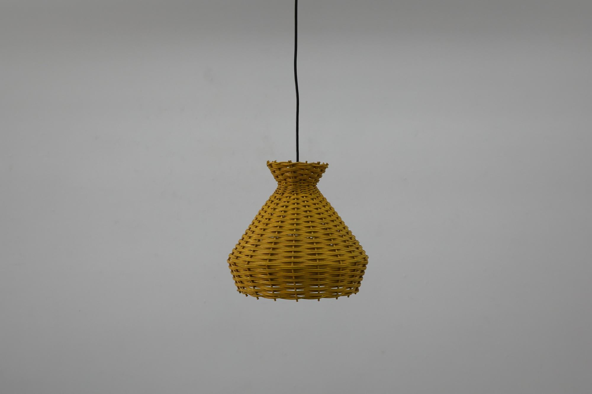 Dutch Mid-Century Yellow Woven Rattan Pendant Lamp