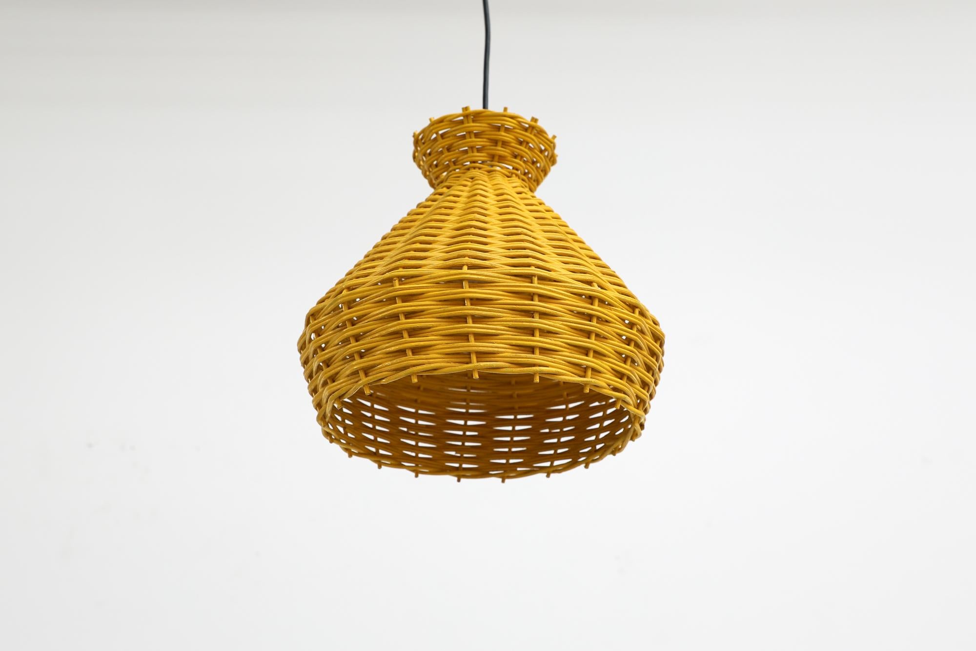 Mid-Century Yellow Woven Rattan Pendant Lamp In Good Condition In Los Angeles, CA