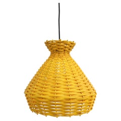 Used Mid-Century Yellow Woven Rattan Pendant Lamp