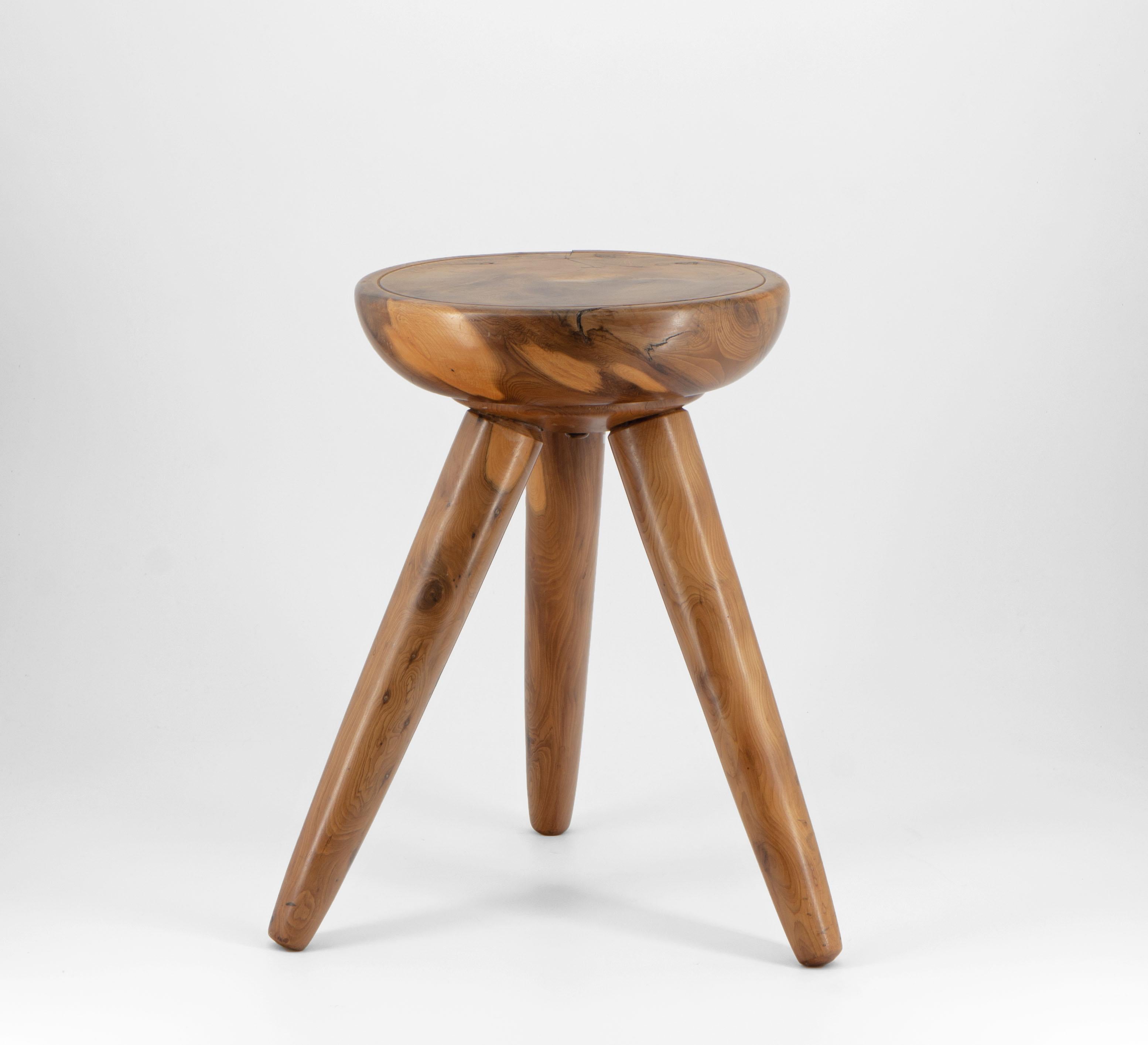 Hand-Crafted Midcentury Yew Low Table Stool Perriand Manner  For Sale