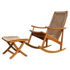 Mid-Century Yugoslavian Woven Rocking Chair & Folding Ottoman  Circa 1960s