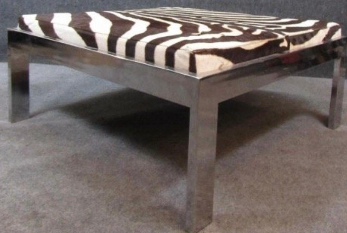 American Mid century Zebra Hide & Chrome Ottoman For Sale