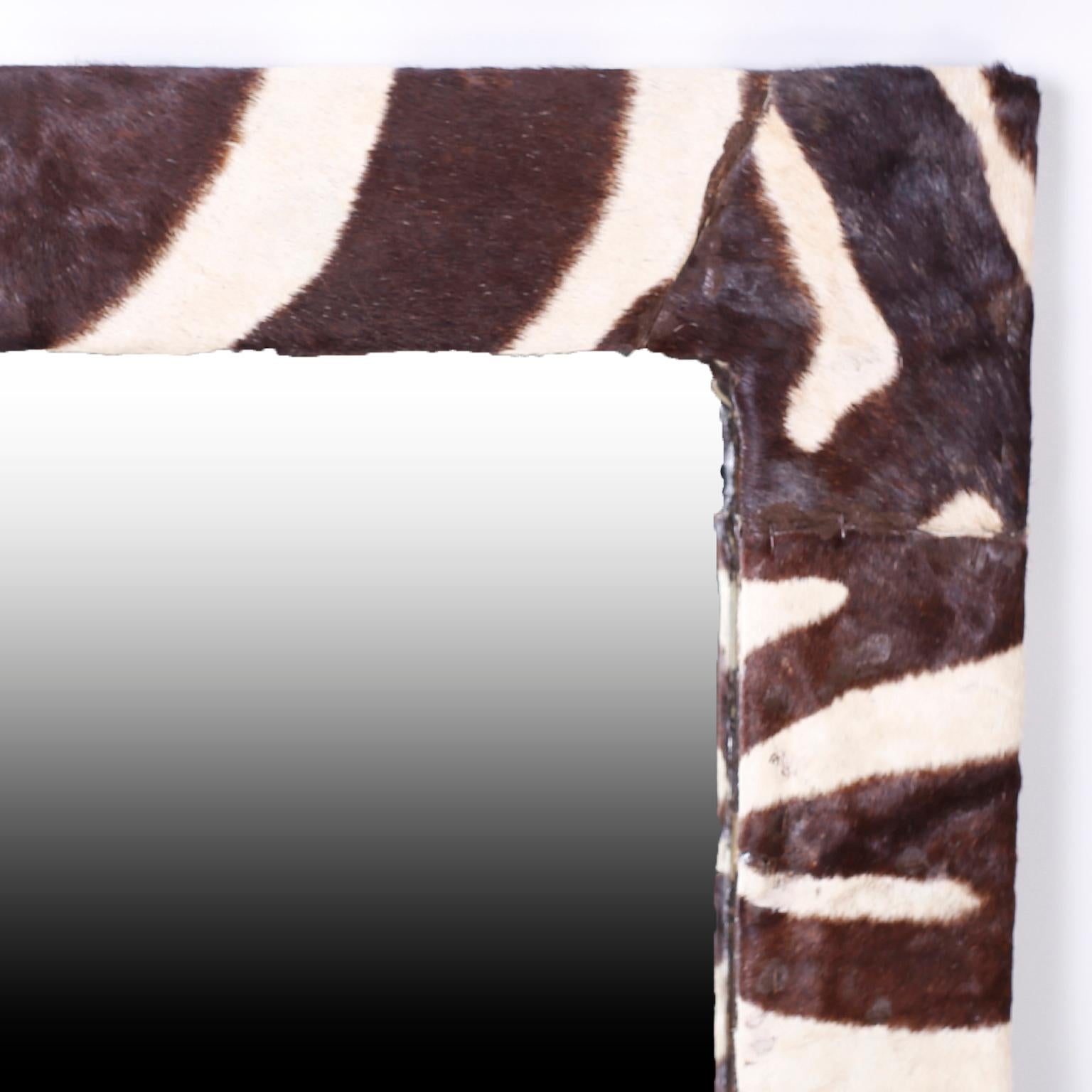 British Colonial Midcentury Zebra Hide Mirror For Sale