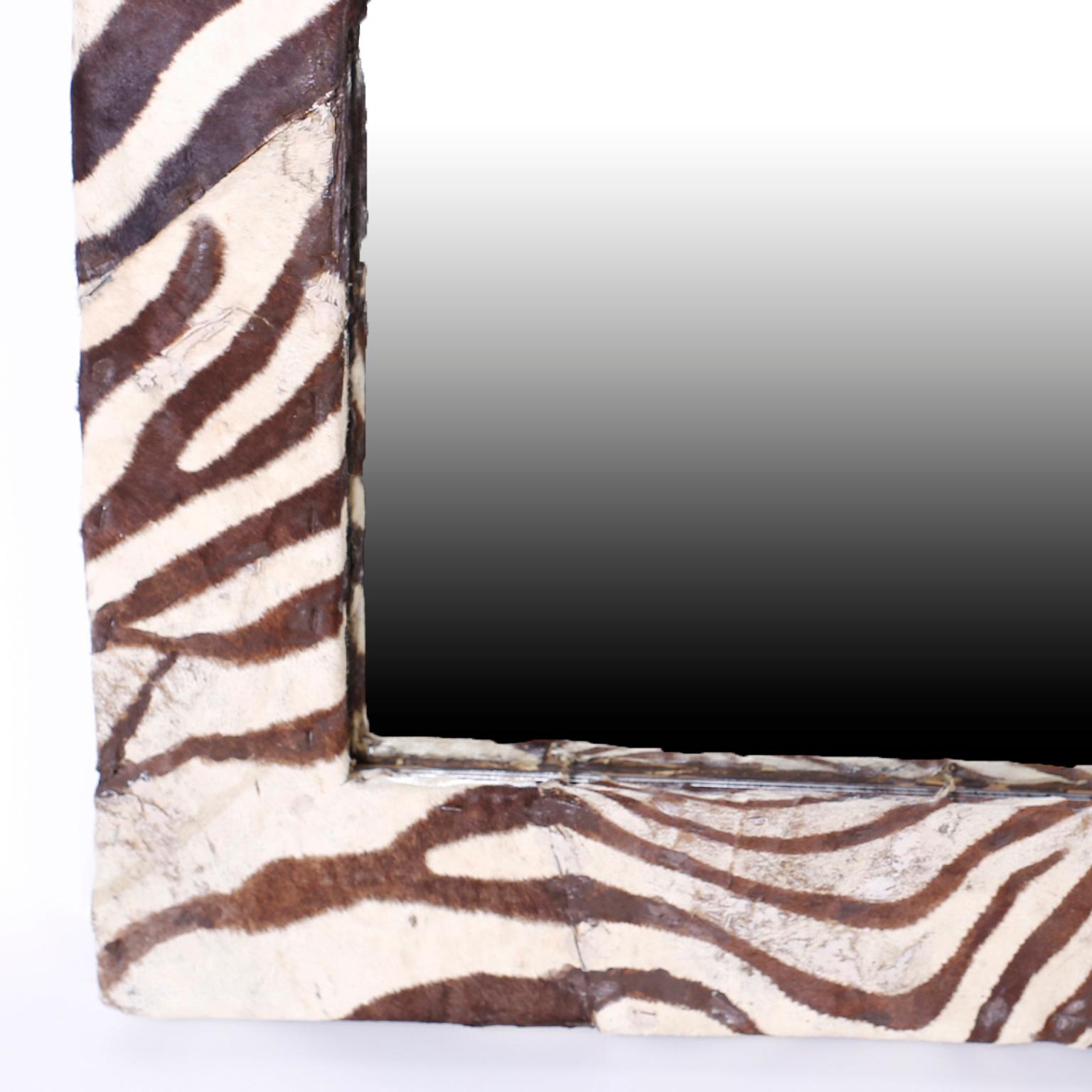 Midcentury Zebra Hide Mirror In Good Condition For Sale In Palm Beach, FL
