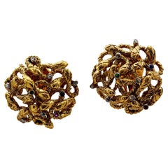 Mid Century Zolotas Gemstone Diamond 18k Gold Multi Snake Ear Clip Earrings