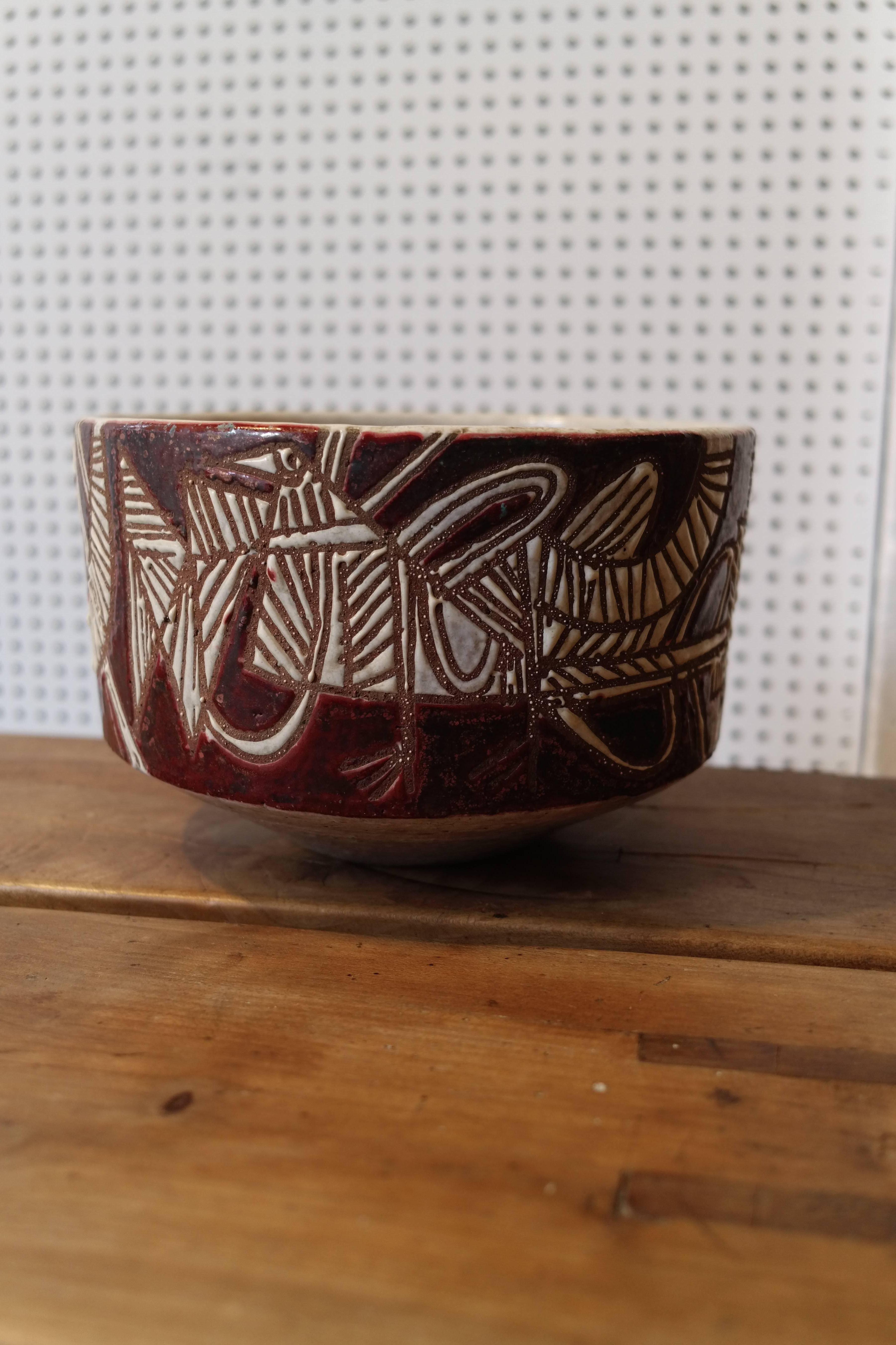 French Midcentury, circa 1950, Jean Derval, Ceramic Enameled Bowl, Cup, Birds Pattern For Sale
