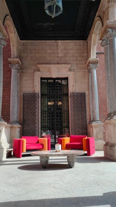 Mid-Centurye Modern Armchair Upholstered in Orange & Dark Red Velvet