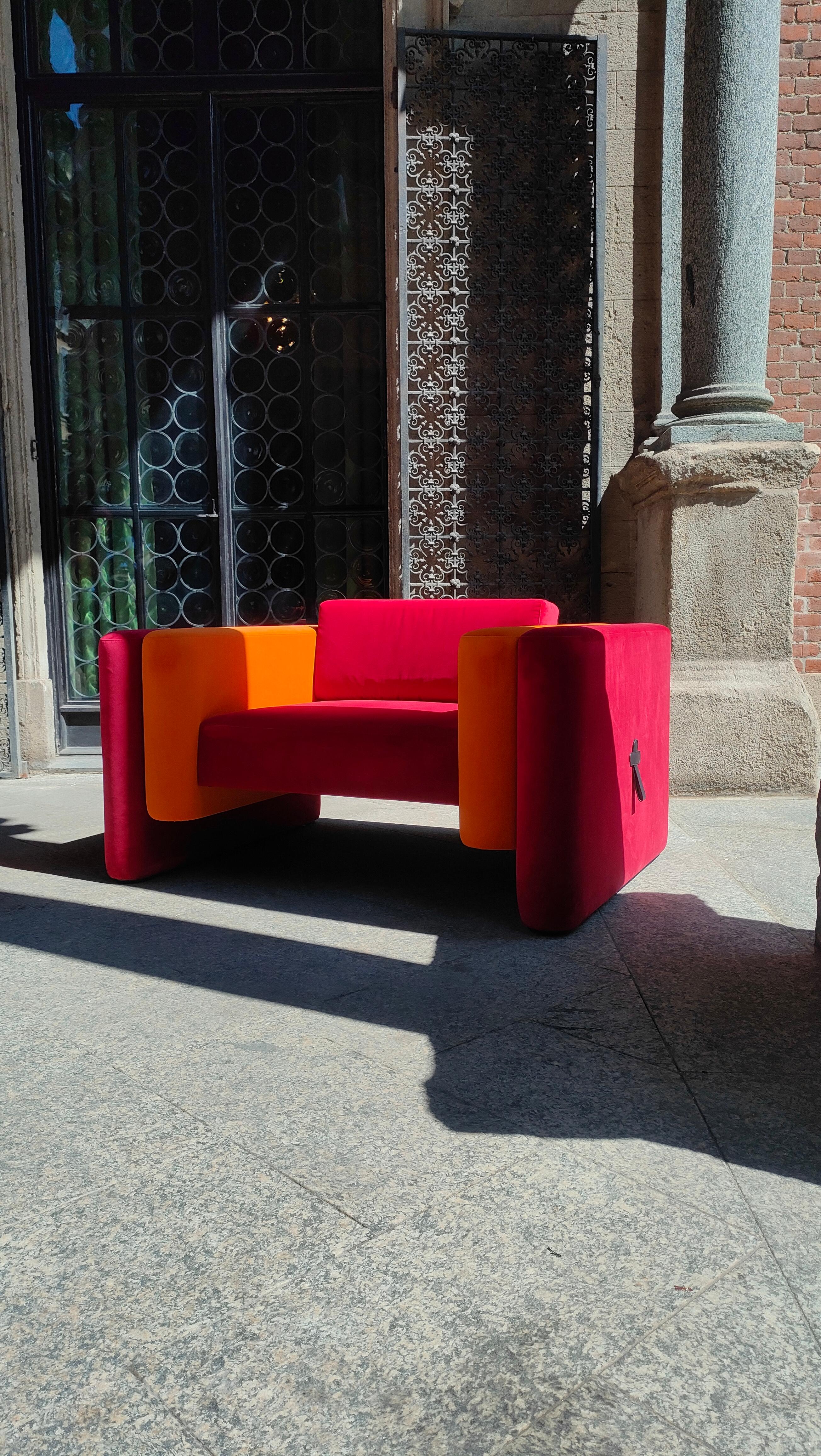 Mid-Century Modern Mid-Centurye Modern Armchair Upholstered in Orange & Dark Red Velvet For Sale