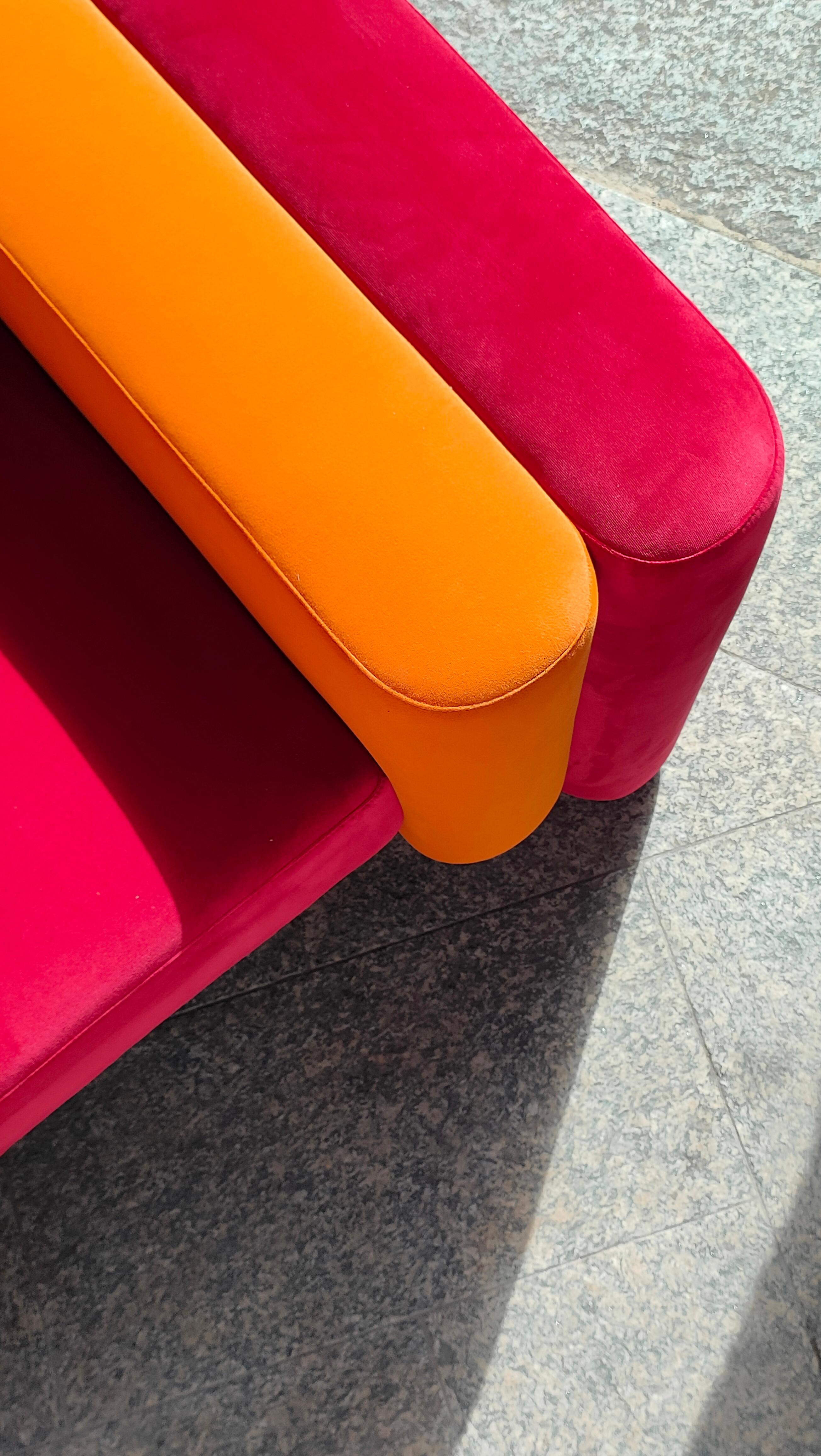 Portuguese Mid-Centurye Modern Armchair Upholstered in Orange & Dark Red Velvet For Sale