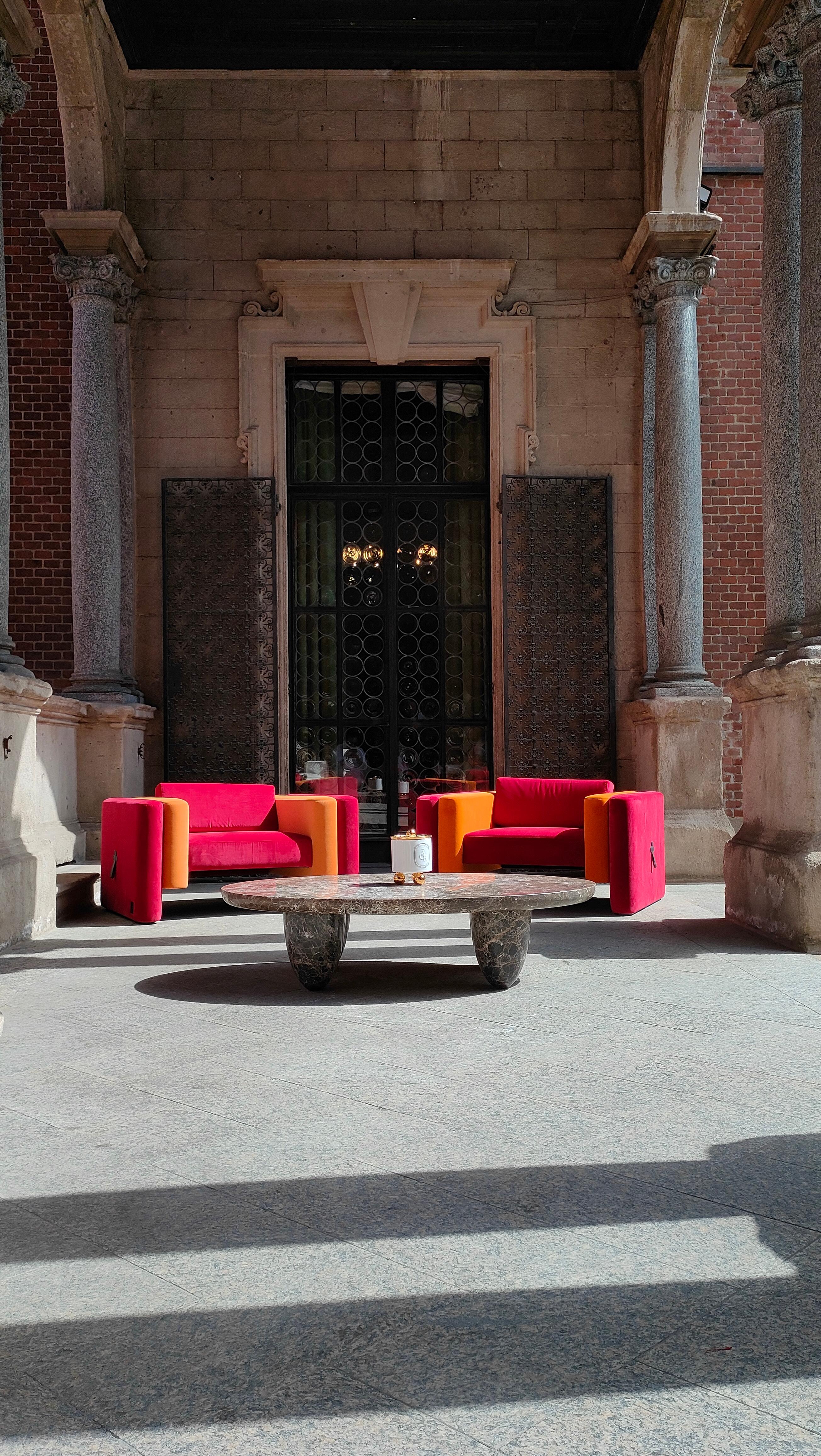 Hand-Crafted Mid-Centurye Modern Armchair Upholstered in Orange & Dark Red Velvet For Sale