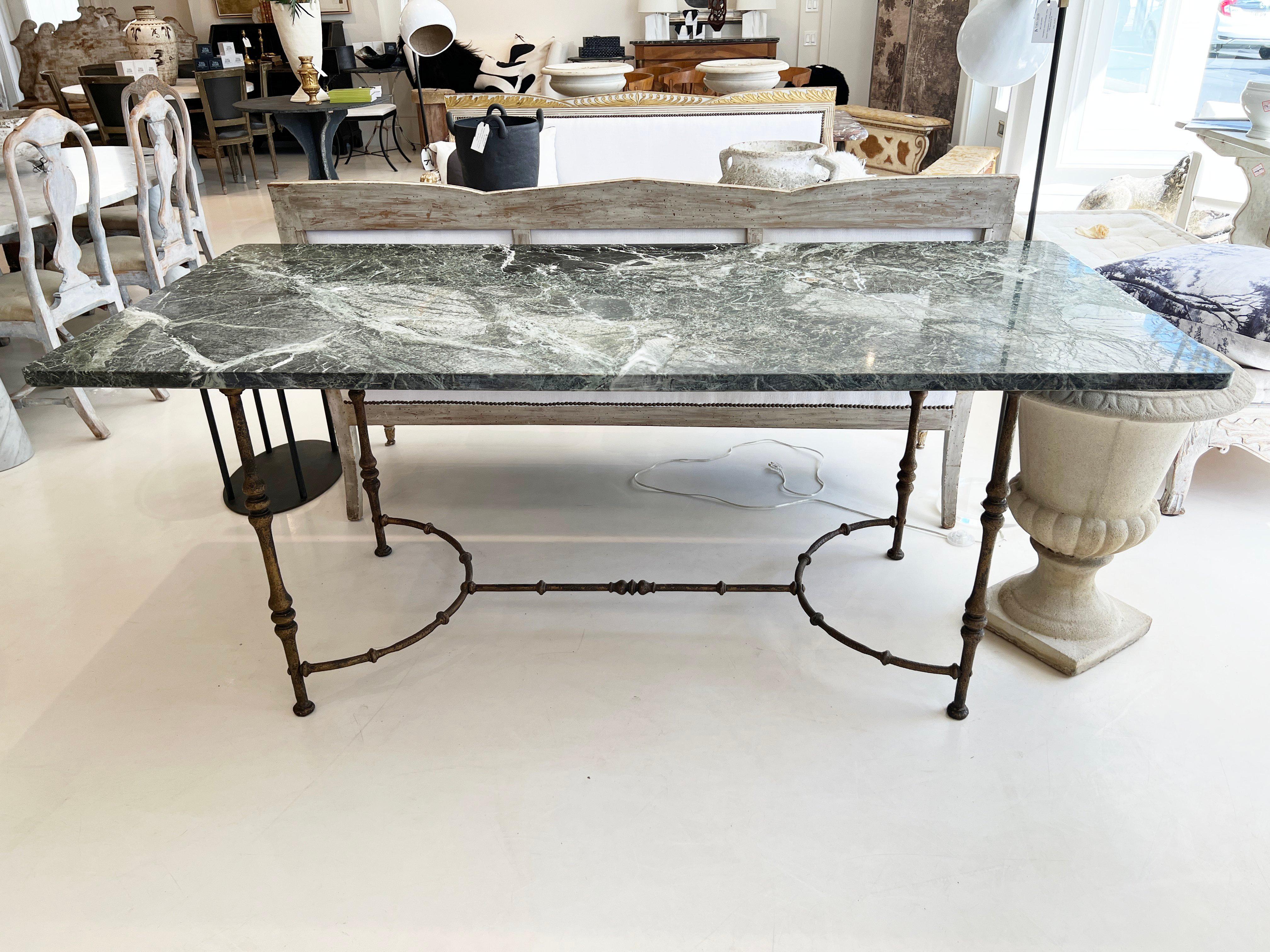 French Mid-Century Large Maison Jansen Console Table with Iron Base and Stone Top For Sale