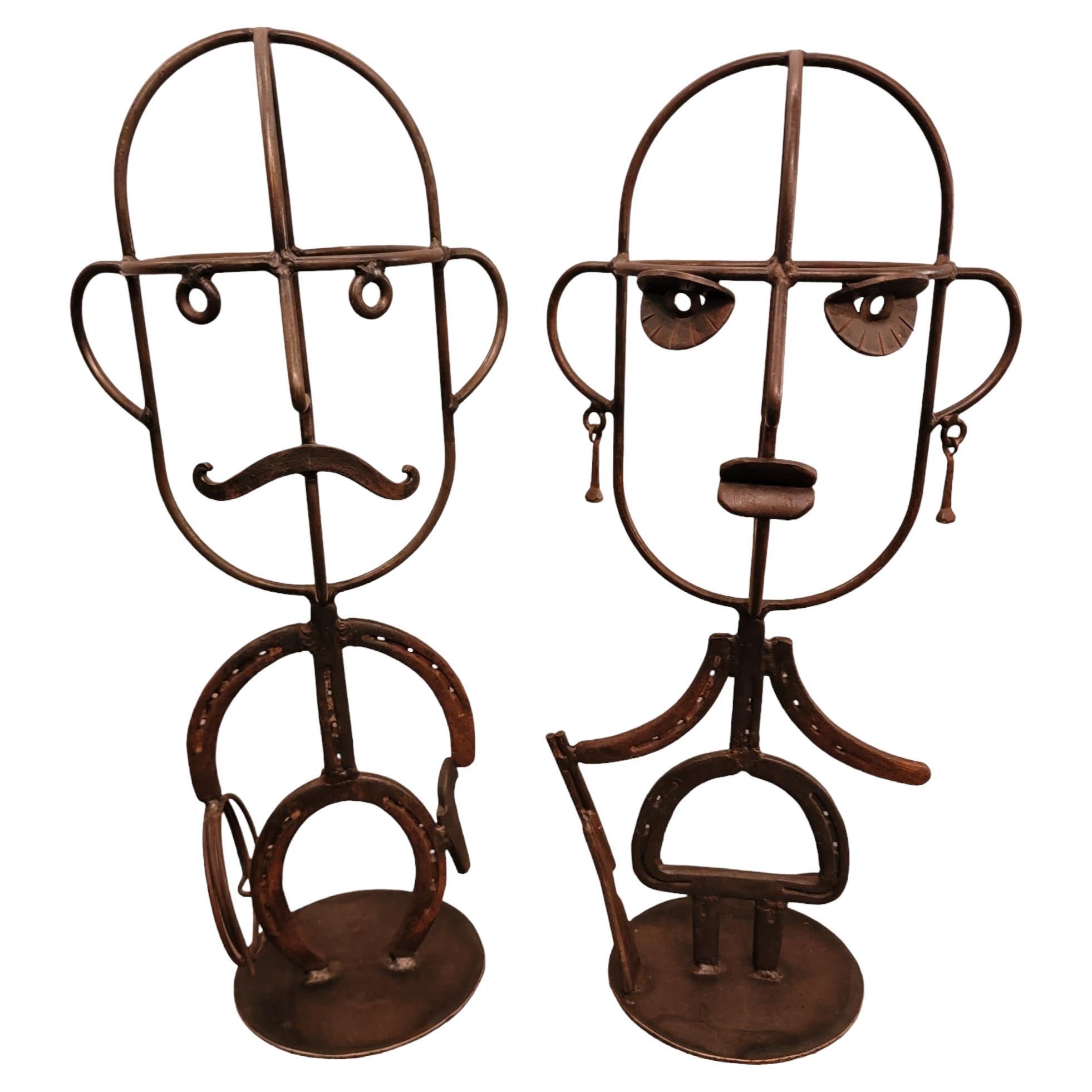 Mid Cenury Folk Art Horse Shoe Cowboy and Cow Girl Hat Stands