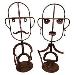 Mid Cenury Folk Art Horse Shoe Cowboy and Cow Girl Hat Stands