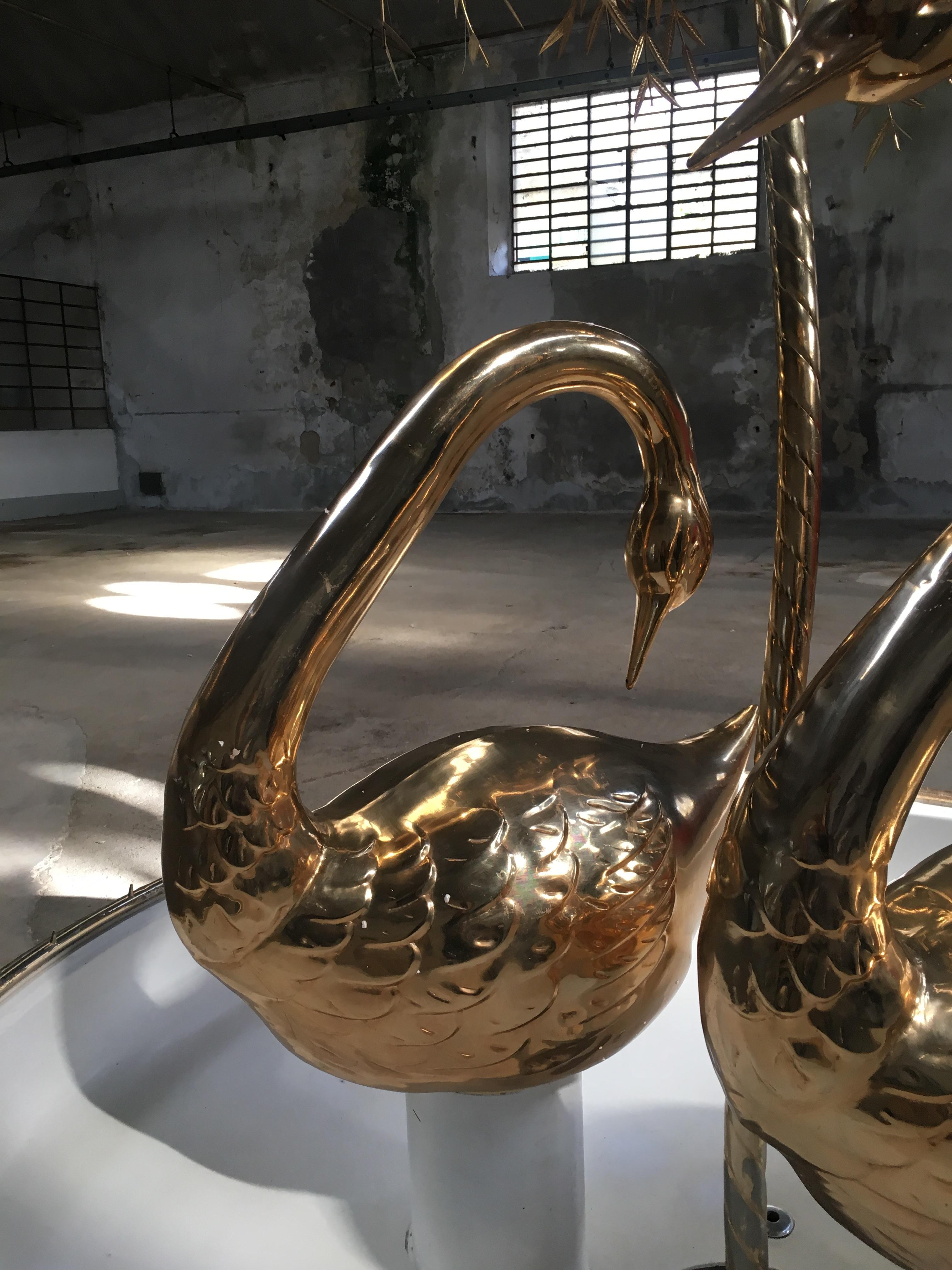 Mid-Century Modern Italian Fountain with Gilt Brass Swans and Weeping Willow 4