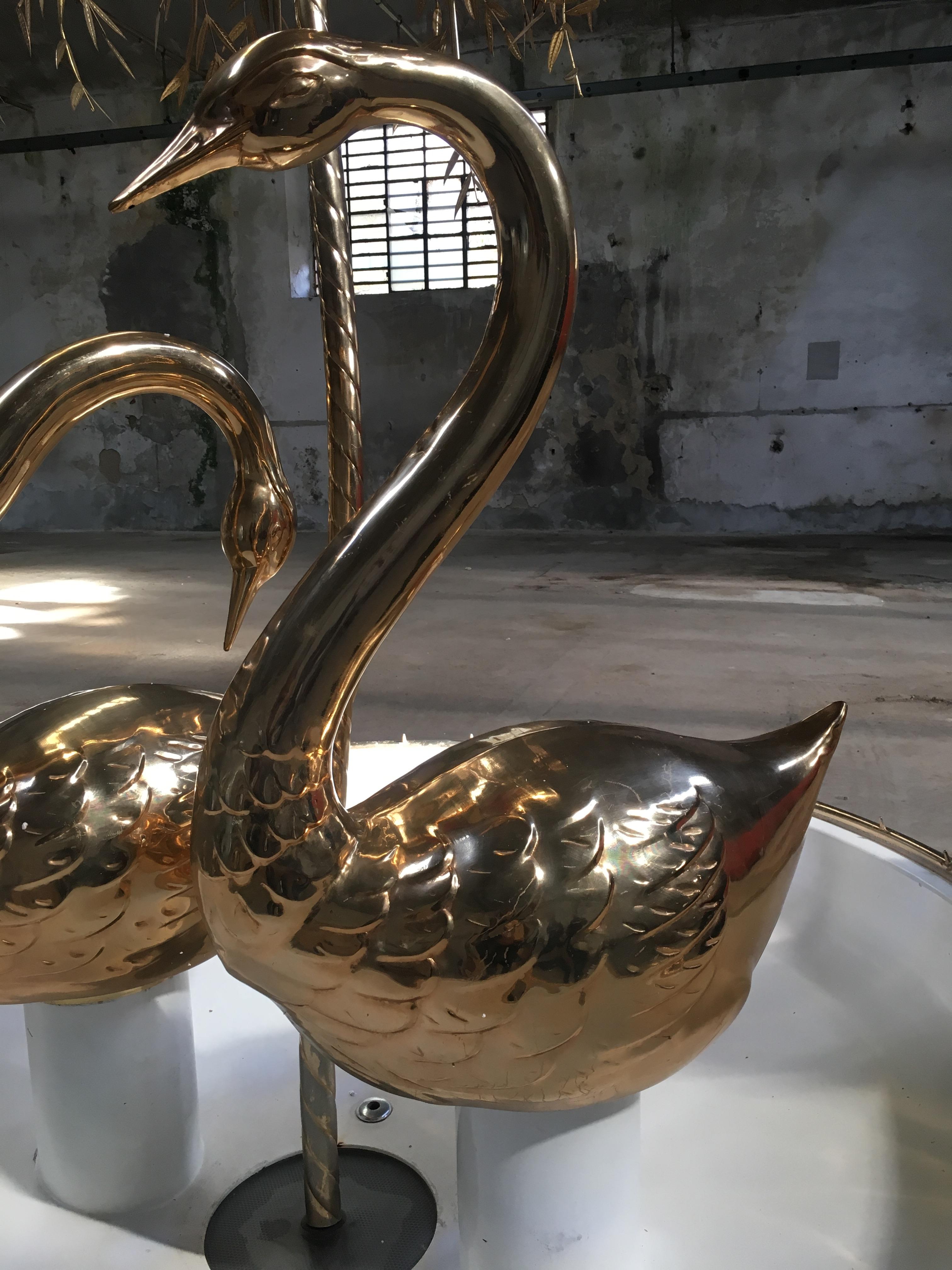 Mid-Century Modern Italian Fountain with Gilt Brass Swans and Weeping Willow 1