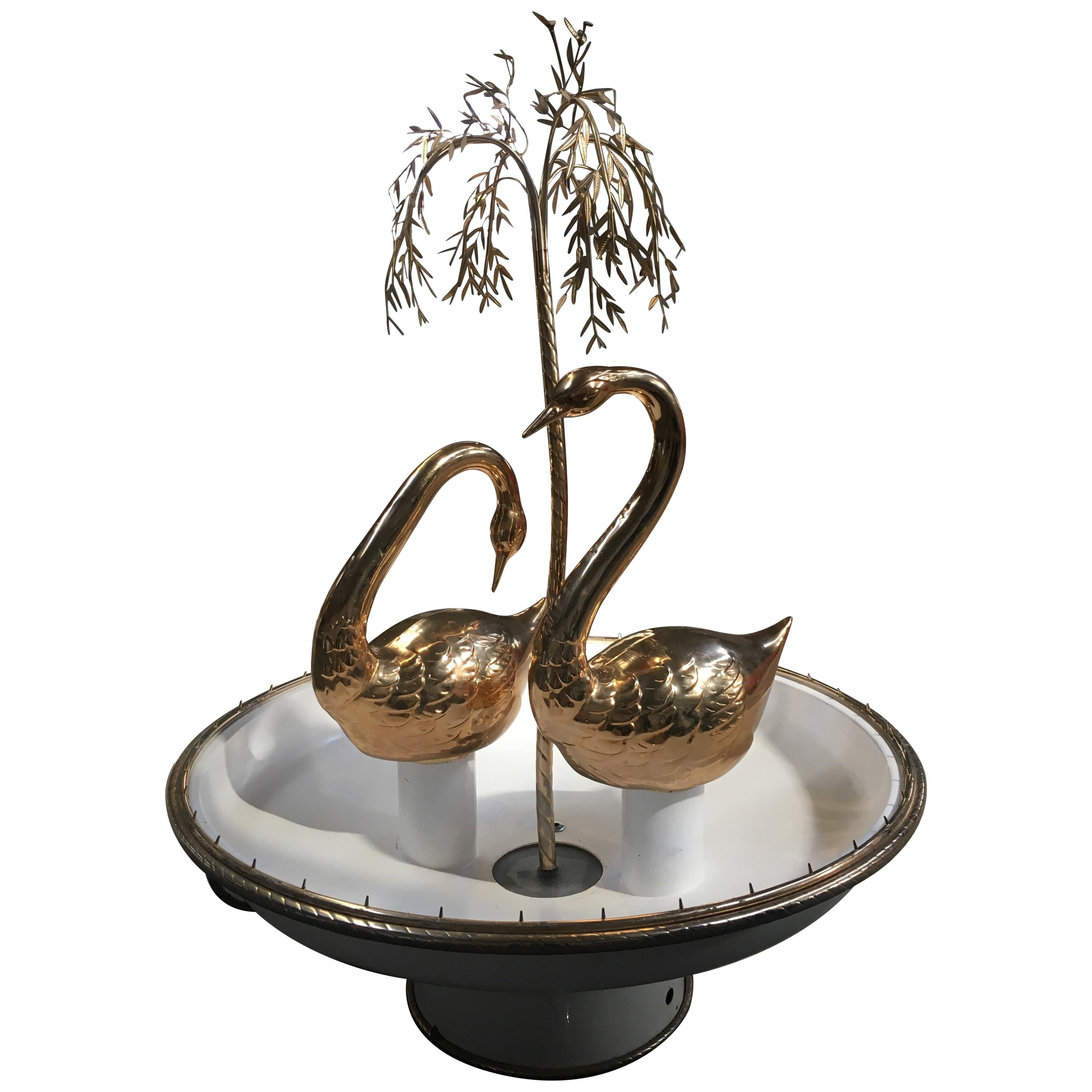 Mid-Century Modern Italian Fountain with Gilt Brass Swans and Weeping Willow