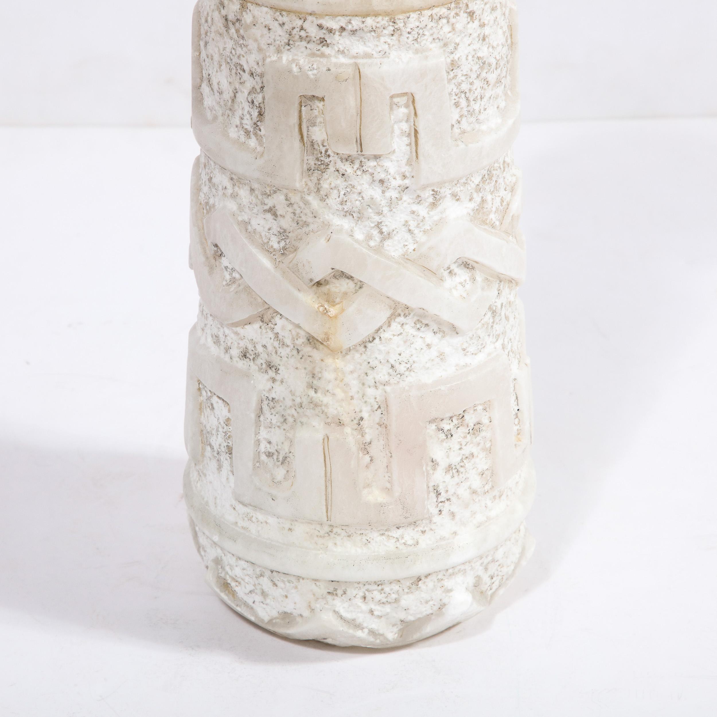 French Mid-Cenury Primitivist Marble Vase with Relief Carved Geometric Detailing For Sale